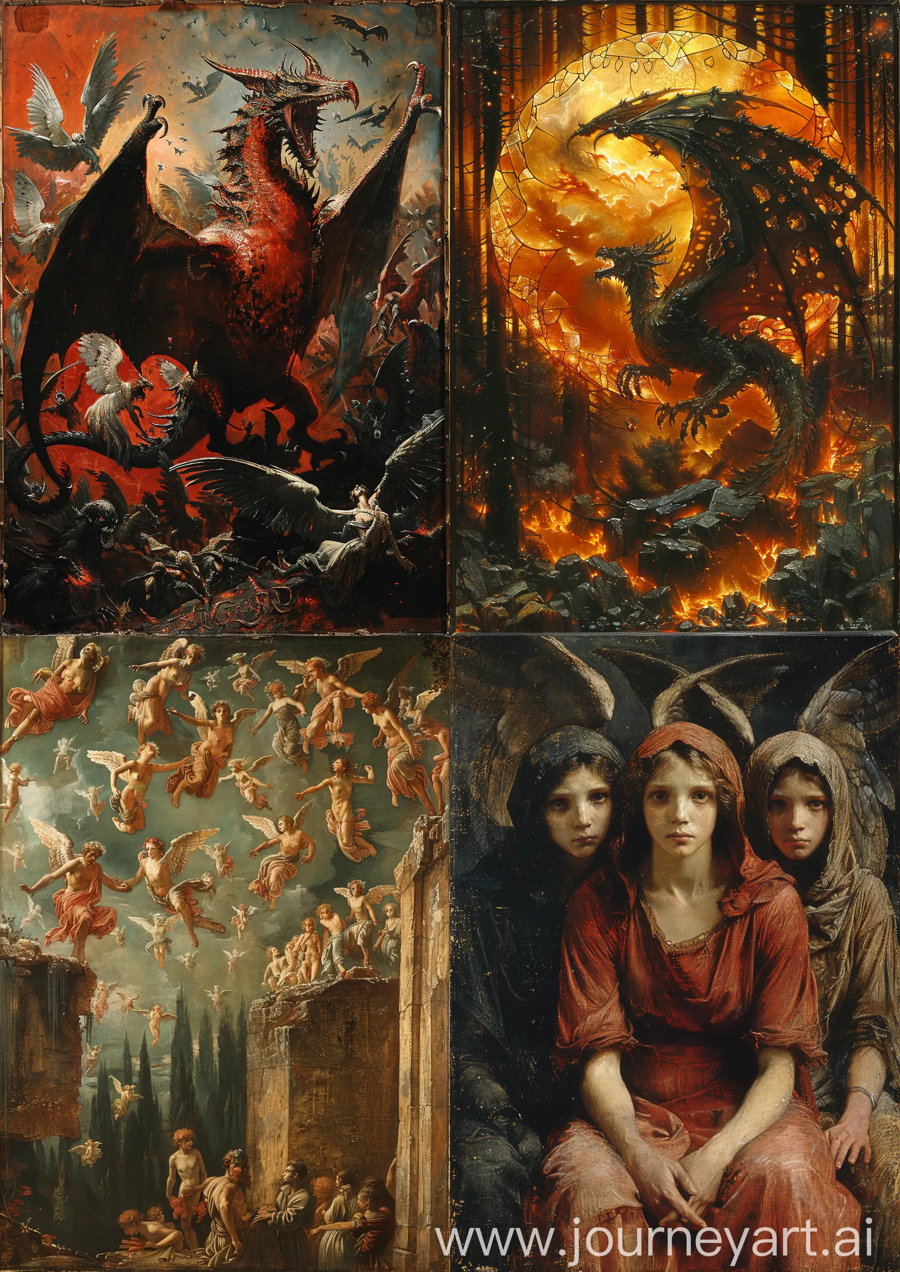 Edward Burne-Jones painting of scary demonic and angelic logos and symbols, obscure tones, high detailed, —c 22 —s 750 —v 6.0 —ar 5:7