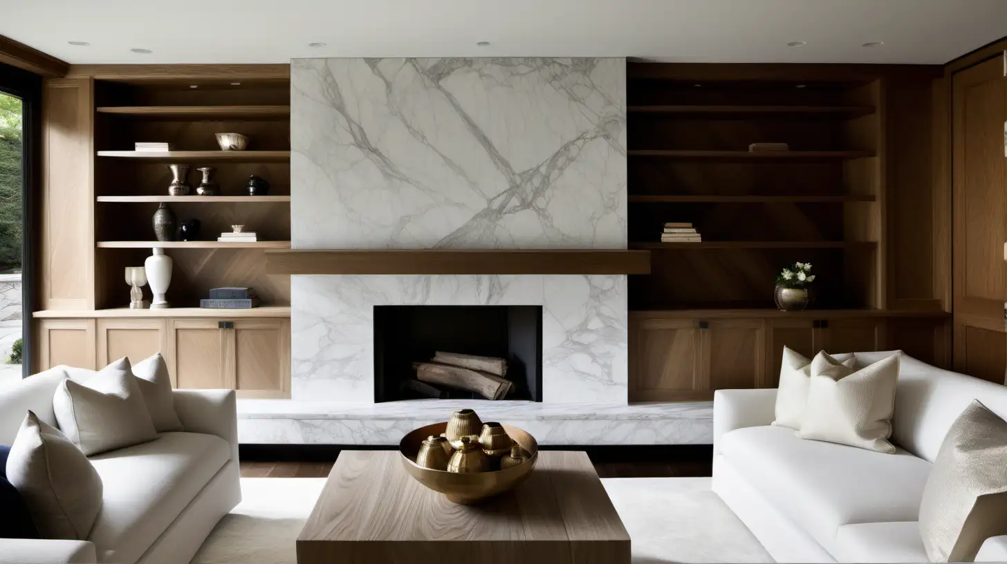 Calacutta marble fireplace, Tudor wood wall, white oak, living room