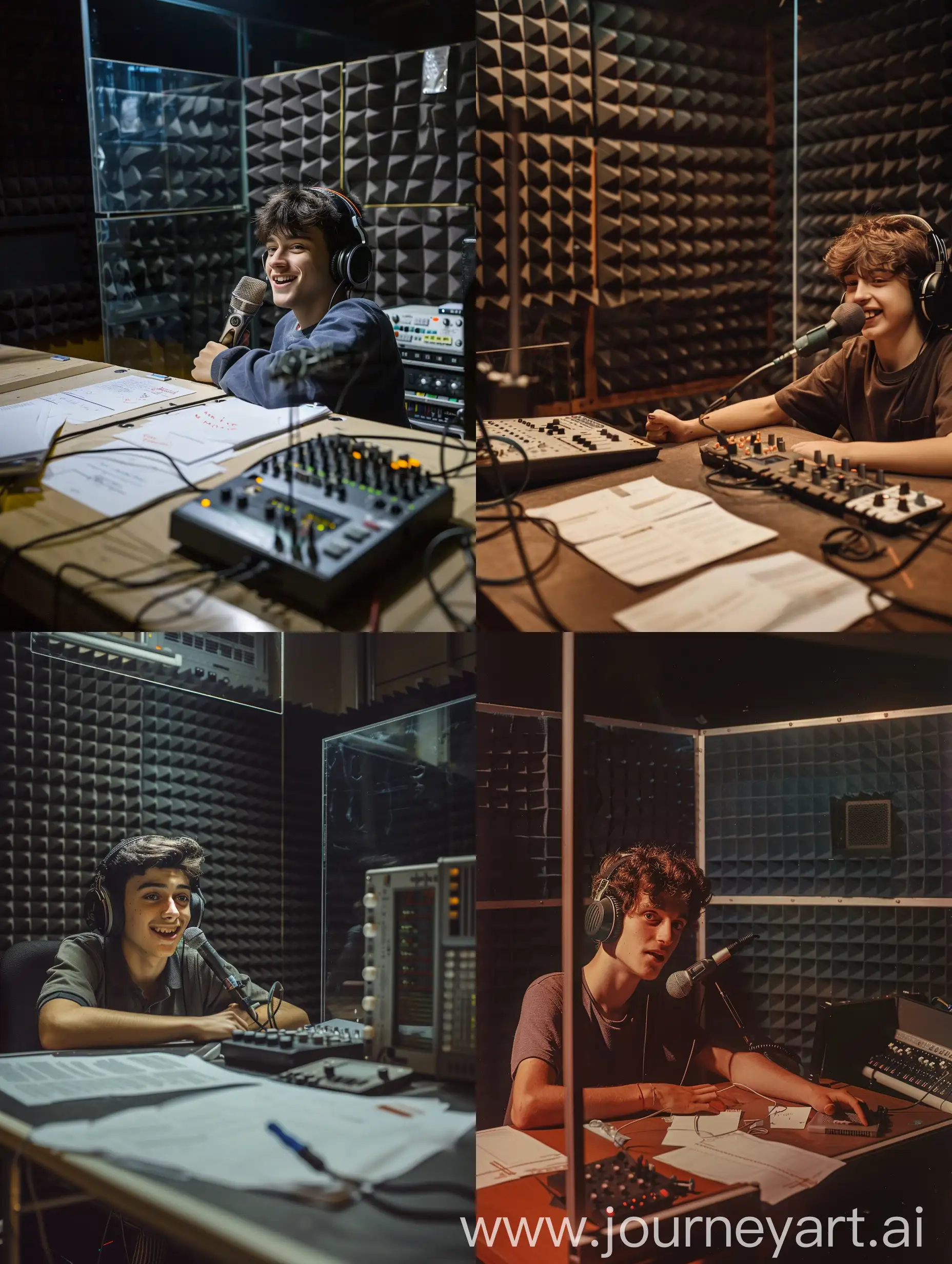 A young 23 year old Italian male radio speaker speaking into the microphone, in his small radio broadcast room. The room is small, empty and the walls are covered in sound-absorbing material. The boy is wearing a pair of headphones, his arms are resting on the table and next to him there are some sheets of notes and a small audio mixer. In front of the speaker there is a large glass window that divides the room from the control room. The speaker has an amused face and is looking down to the side towards the camera. The photo is in color with a dark atmosphere and the shot is close-up