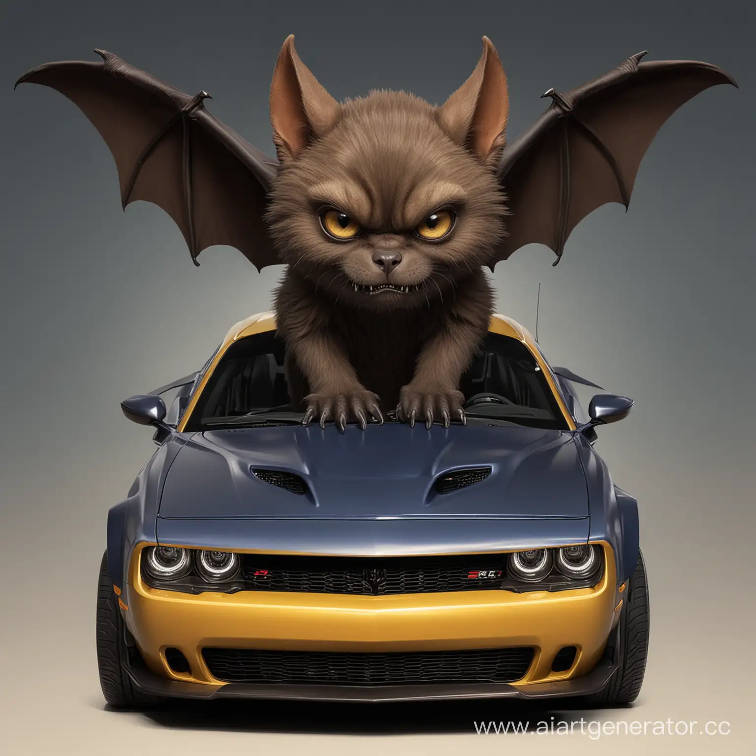 Elegant-Anthropomorphic-Bat-Resting-on-Black-Dodge-Challenger-SRT-Demon