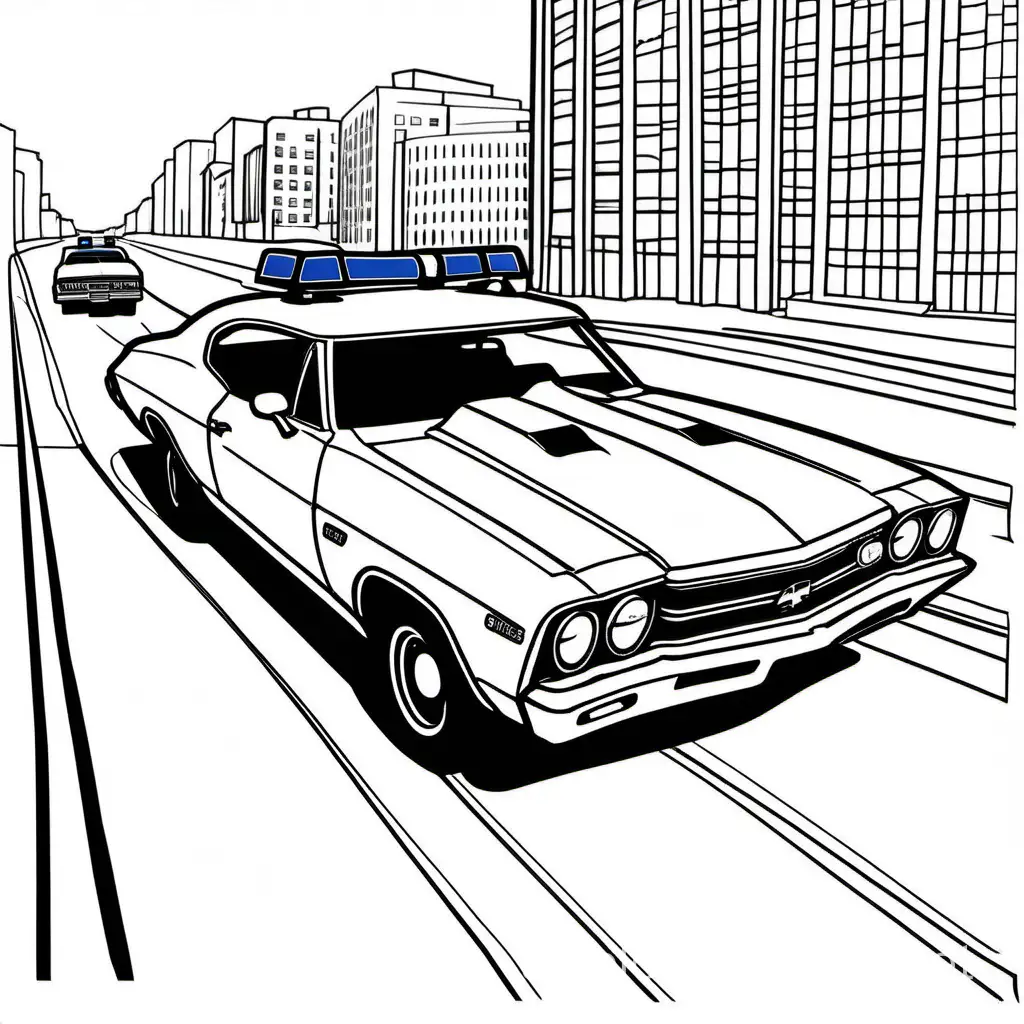 68 chevelle being chased by police car , Coloring Page, black and white, line art, white background, Simplicity, Ample White Space. The background of the coloring page is plain white to make it easy for young children to color within the lines. The outlines of all the subjects are easy to distinguish, making it simple for kids to color without too much difficulty