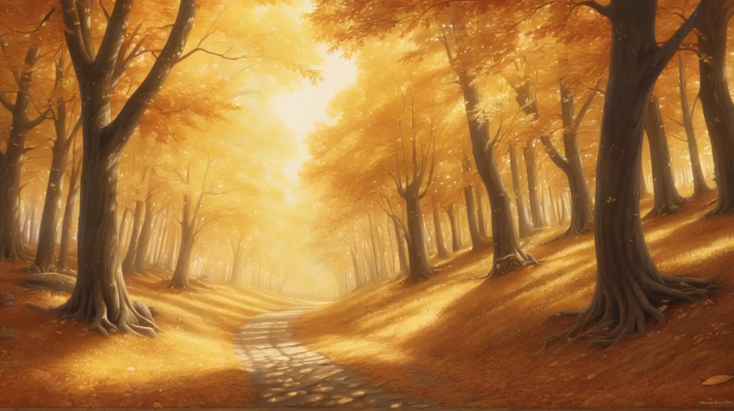 "Capture the golden hues of autumn: a sun-dappled forest path adorned with vibrant leaves."