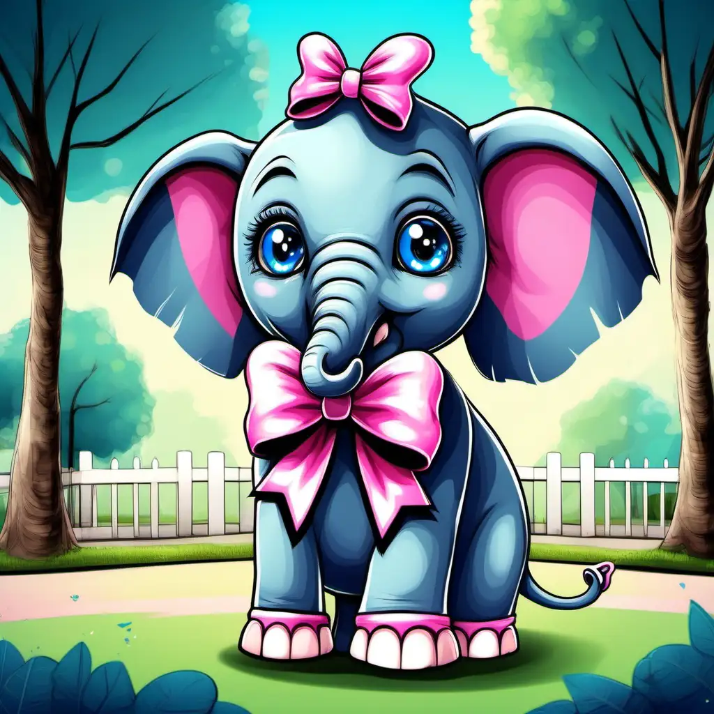 girl elephant with cute big eyes wearing pink blue bow with long hair playing with black and white children together in the park