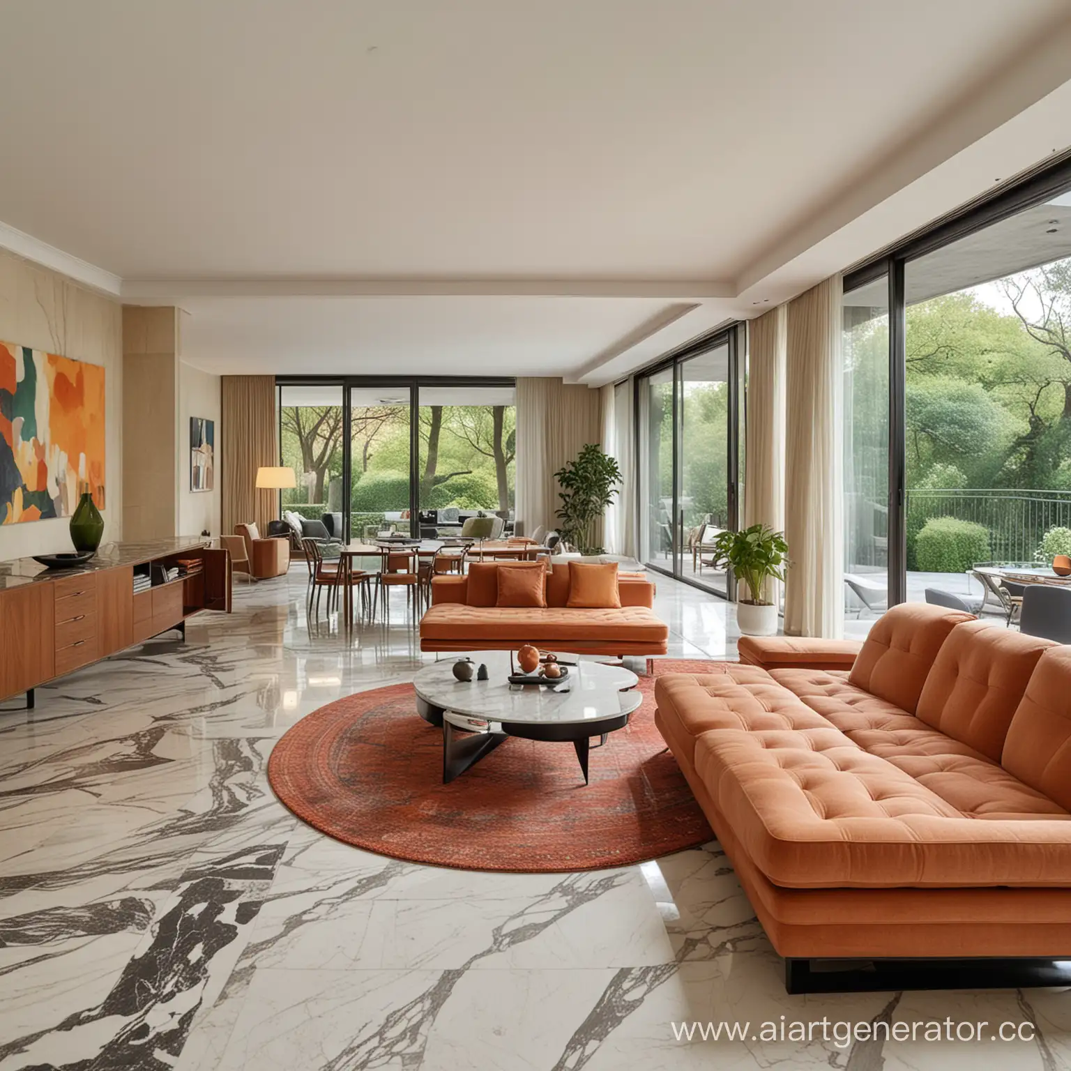 large living room with joint dining room, low ceiling, marble floors, terrace overlooking a park, 70s furniture, abstract art