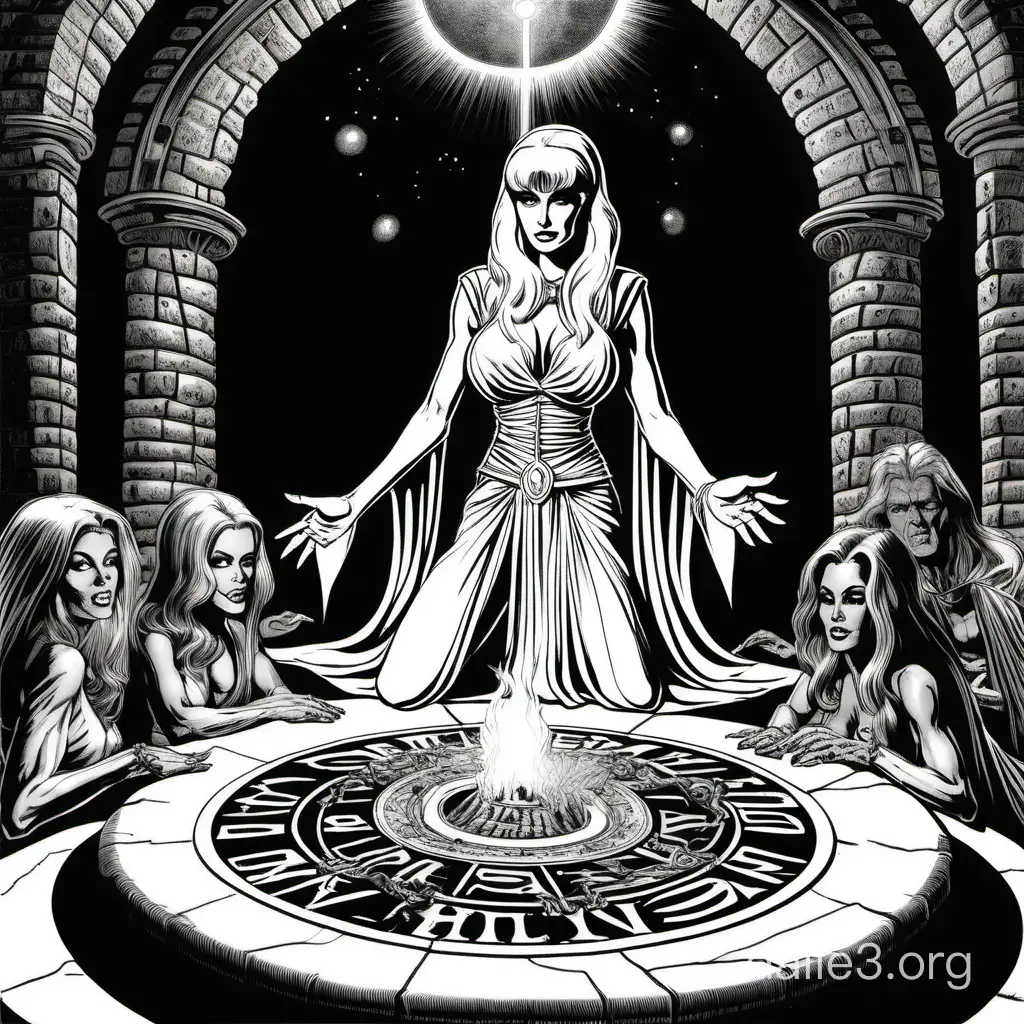 a Paris Hilton sorceress, performing a summoning ritual, black and white ink, 2bit vector, no gradients, classic comic line art, style of 1982 AD&D, by David A. Trampier, by Erol Otus, by Jeff Dee, by Larry Elmore, by Jeff Easley,