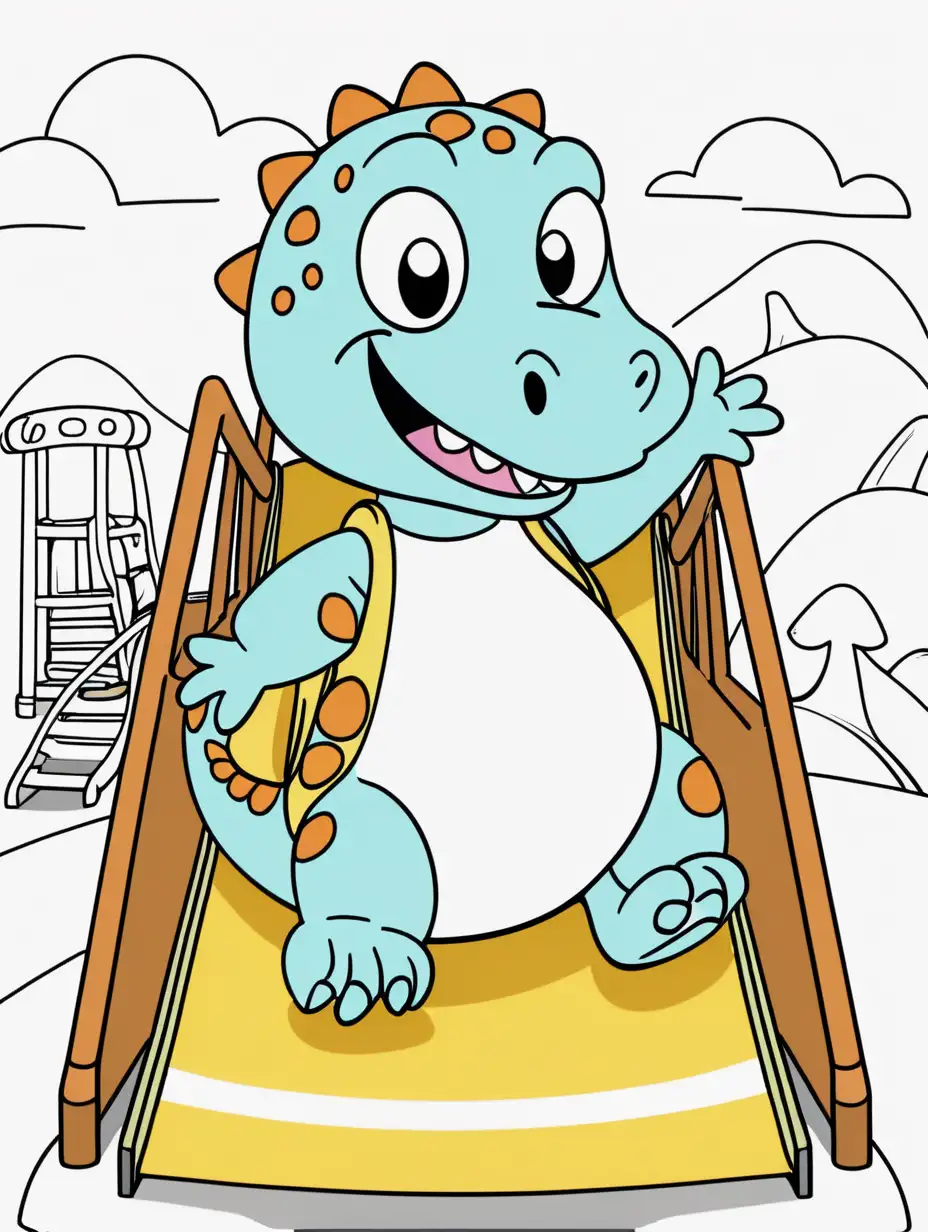 A cute rolly-polly cartoonish dinosaur, on the slide at the playground, wearing a dress, kids coloring page, no shading