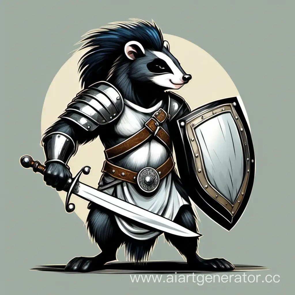 medieval stylized warrior humanized skunk with sword and a shield preparing for a fight