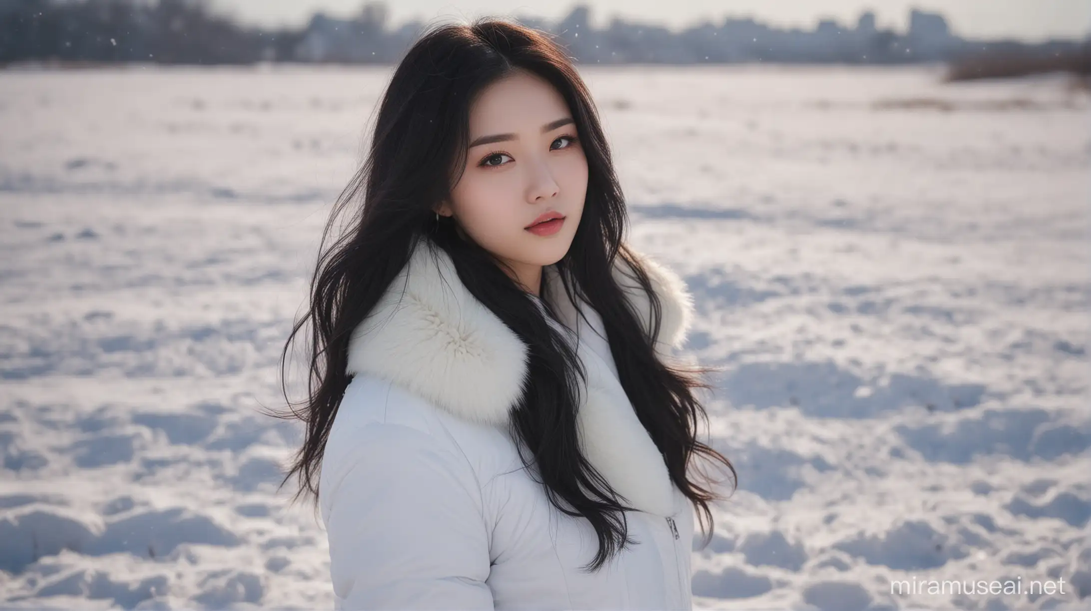 Elegant Woman in Snowy Winter Landscape