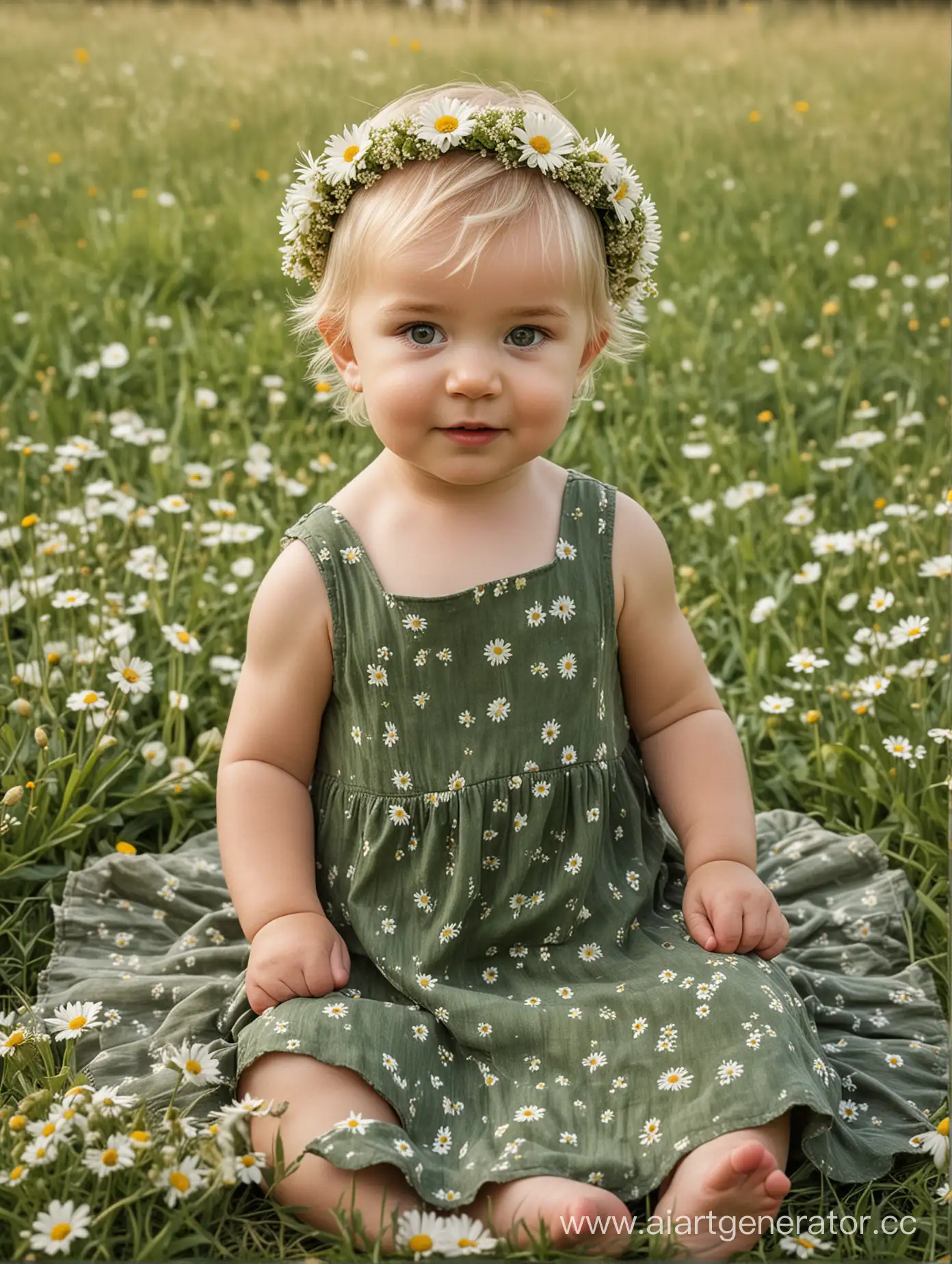 девочка младенец 1 год короткие русые волосы, пышное зелёное платье сит в поле с ромашками, на голове венок с ромашек полевых цветов, фон тестура мазки кисти холст 