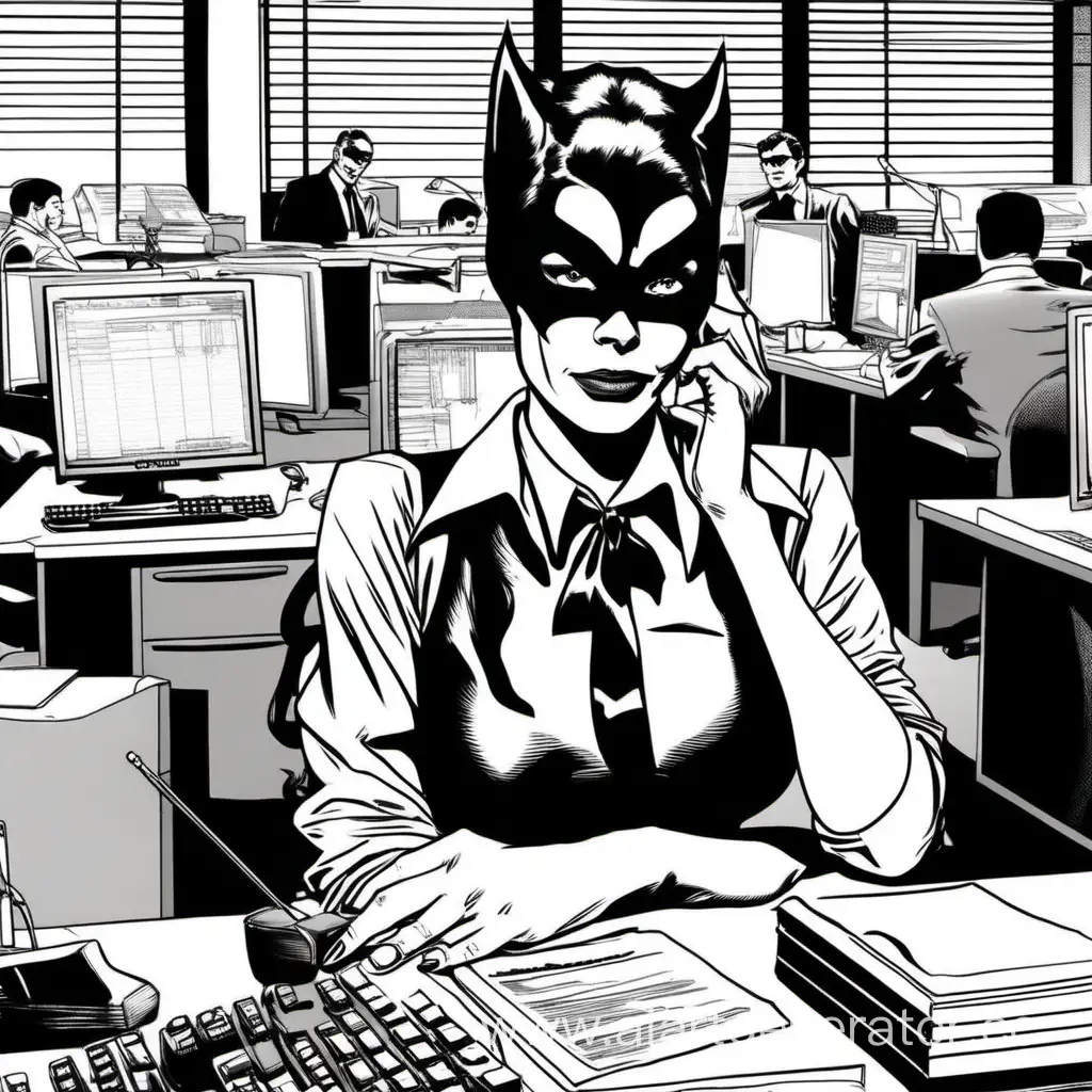 Женщина-кошка из фильма Бэтмен, ставшая партизаном, работает в офисе, под прикрытием, сотрудником технической поддержки, среди злых работников