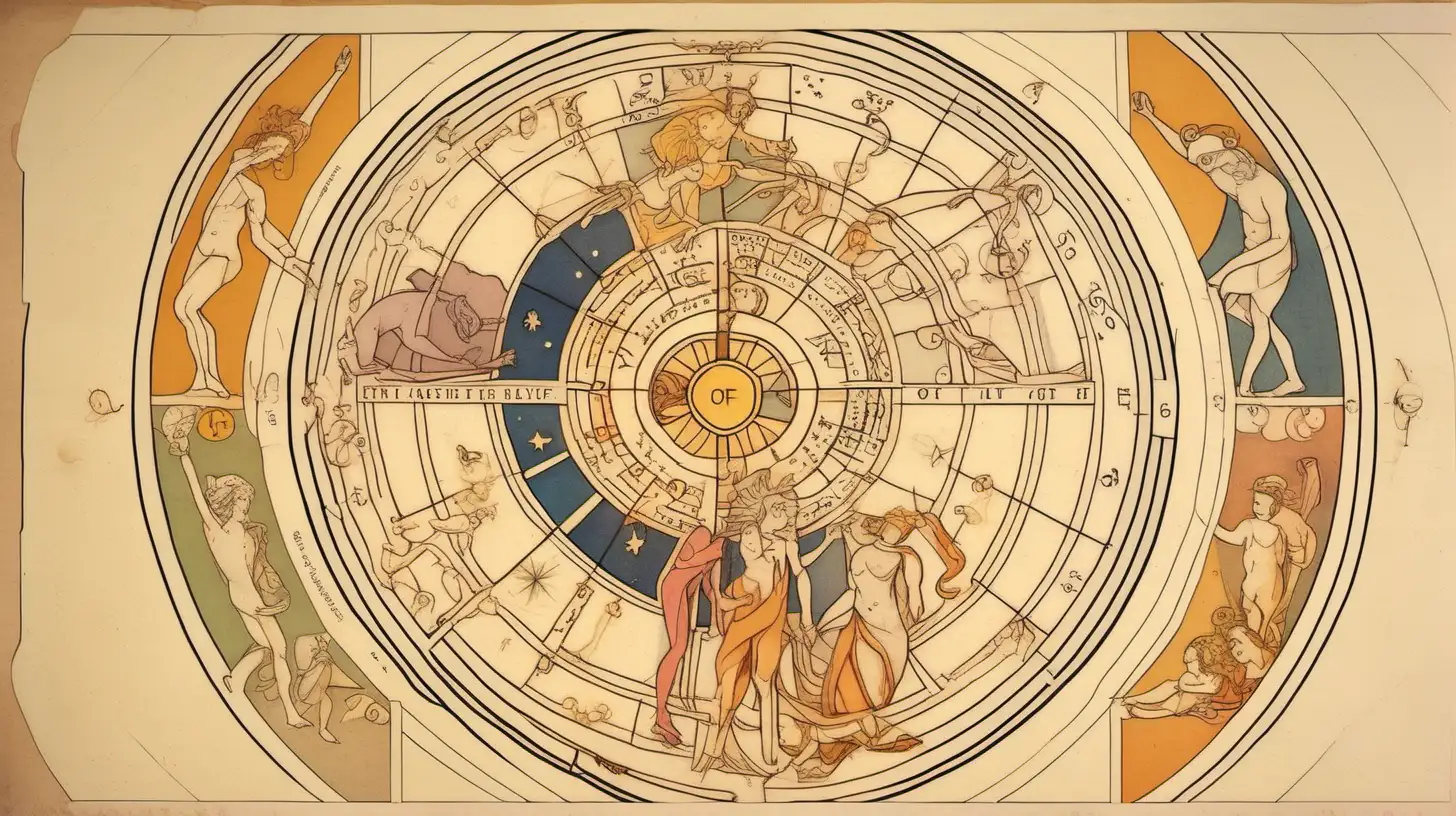 astrological wheel with divine love couple, muted colors, loose lines, seven sun of hedonism