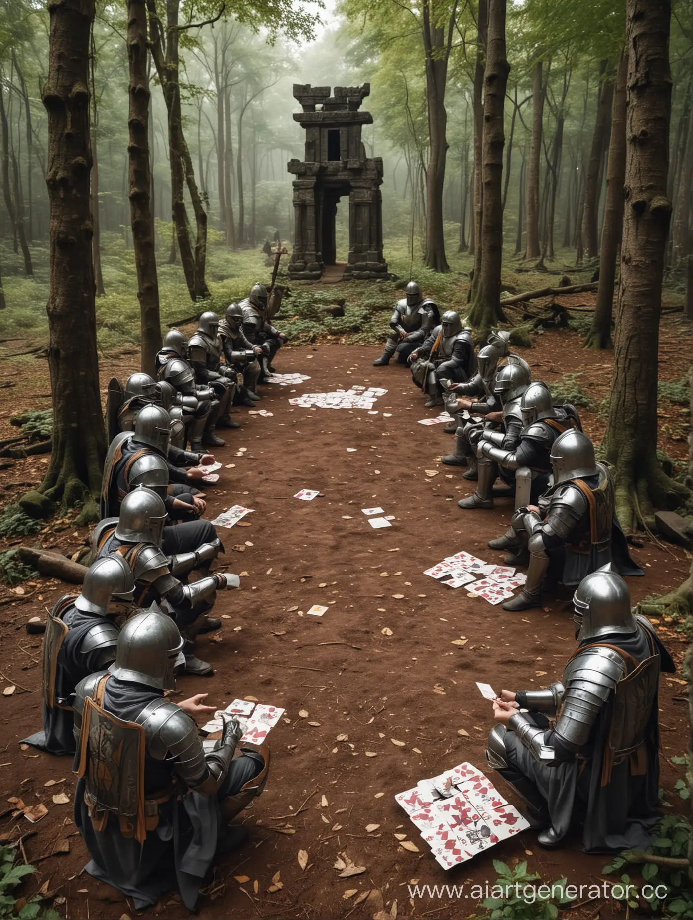 Knights-Gathered-in-a-Ruined-Temple-Holding-Cards