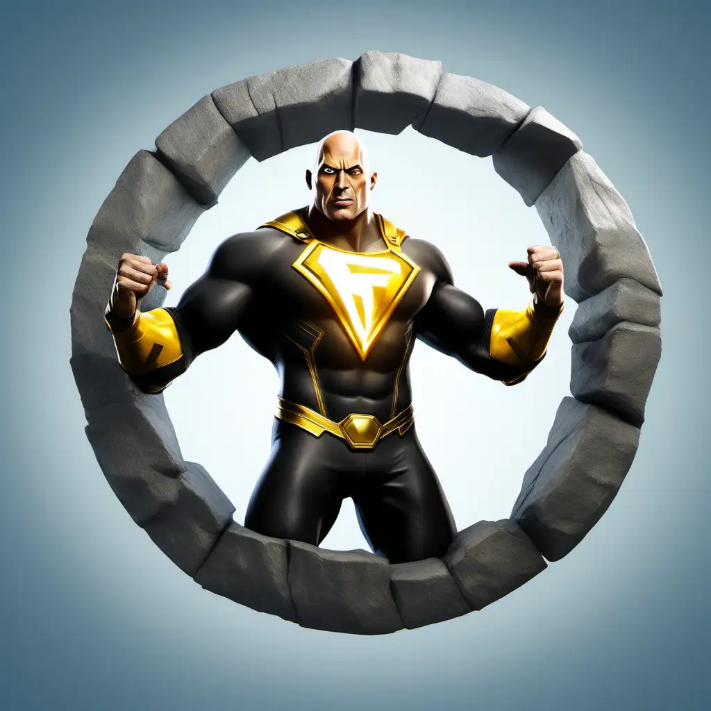 black adam movie superhero with dwayne the rock as the face in a circle popping out 3d model twitch emote style fortnite style vfx in backround no vfx on outside of circle transparent backround
