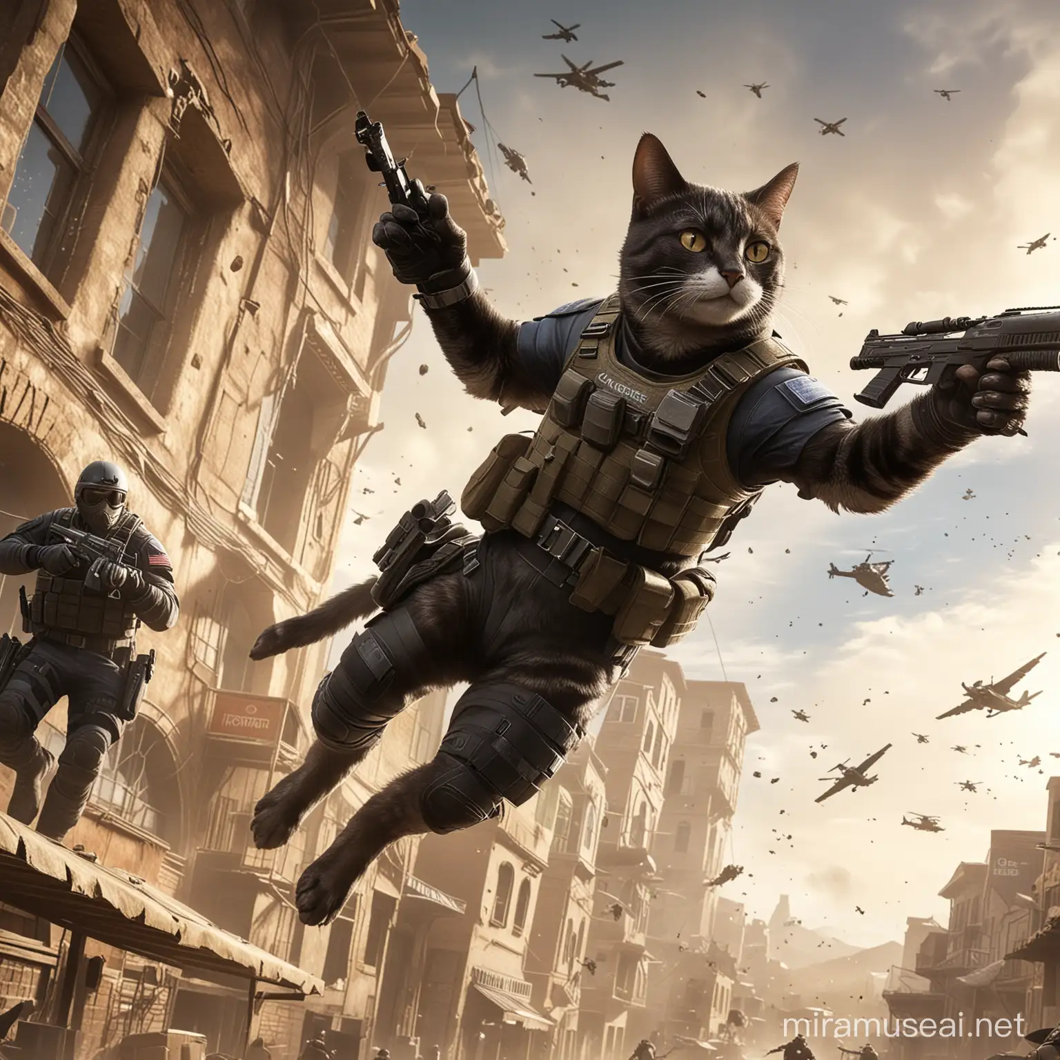 Playful Cat Flying in Tom Clancys Rainbow Six Siege Environment