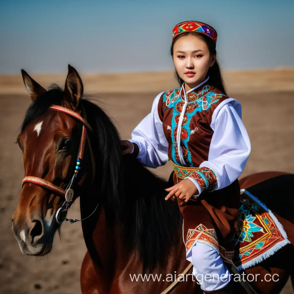 Kazakh girl in national costume on a brown horse