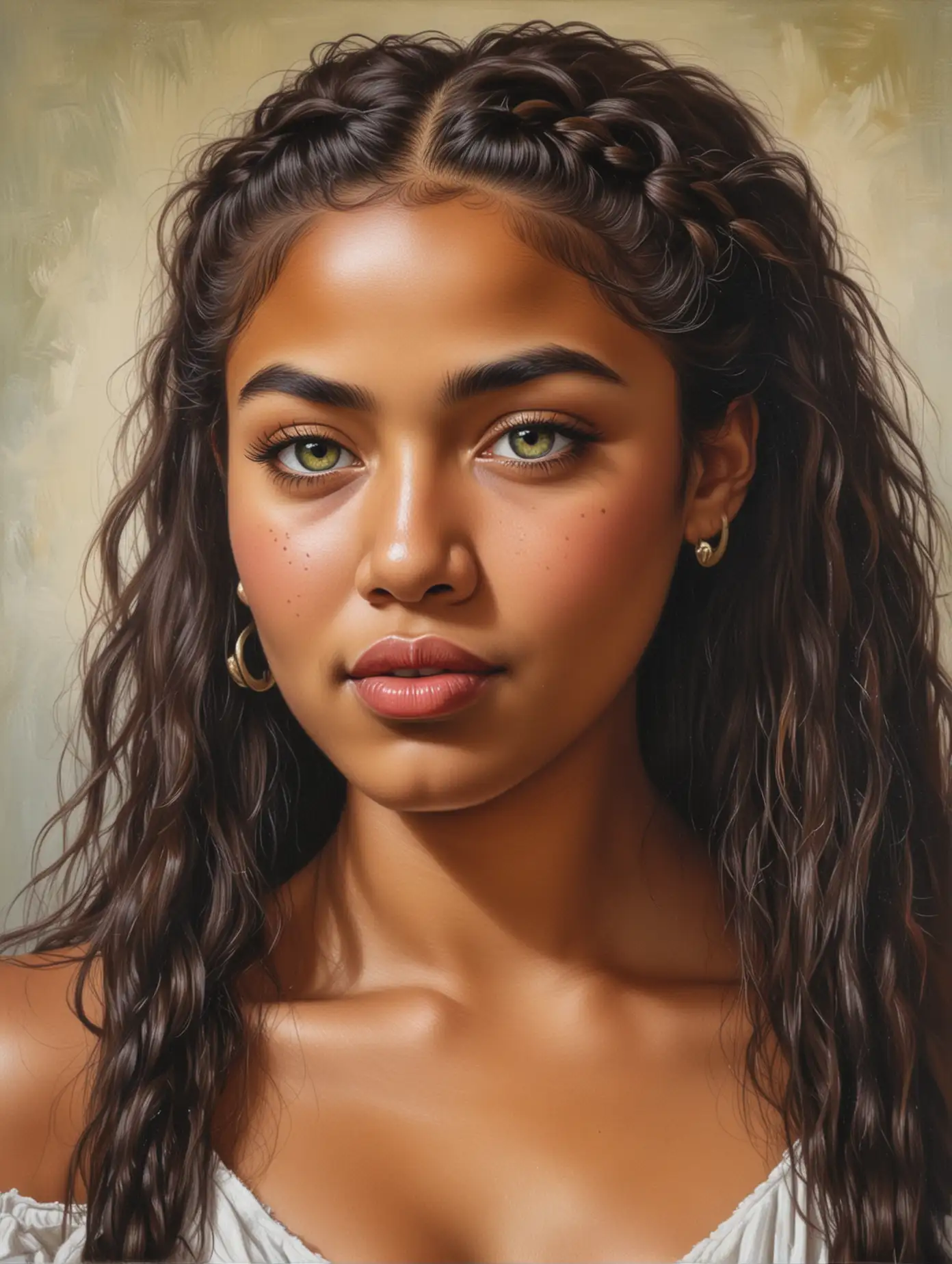Singh oil painting of a green-eyed cute Fijian maiden with cleft chin, ruby lips, very thick hairy unibrow, underarm hair, long flowing braided hair,