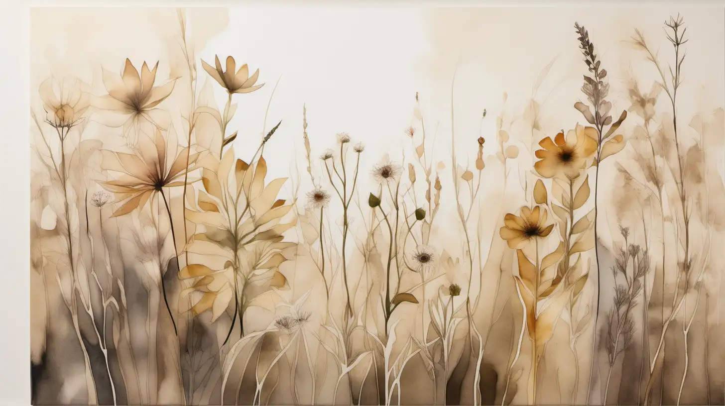  A boho watercolor interpretation of a field of wildflowers in creamy beige colors. Transporting the viewer into a realm of fluid artistry, envision this piece as a watercolor masterpiece reminiscent of Georgia O'Keeffe's iconic floral works. The canvas showcases a profusion of wildflowers, delicately painted in creamy beige tones, their edges blending seamlessly. The color temperature leans towards a soft, muted warmth, capturing the essence of a sun-kissed afternoon. Illuminate the scene with a diffused lighting, enhancing the subtle gradations in color. The atmosphere exudes a gentle, introspective vibe, inviting viewers to immerse themselves in the beauty of nature. --v 5 --stylize 1000