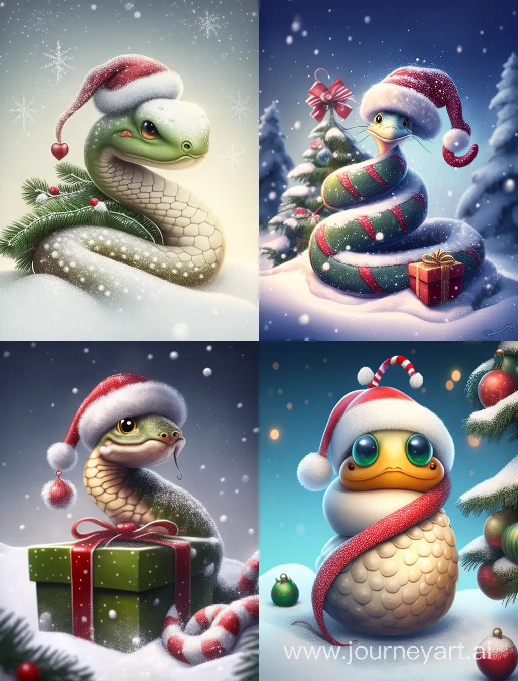 A sweet, kind Snake, the symbol of 2025, is sitting in a snowdrift in a Santa Claus hat. Around her are many Christmas presents and balls on the tree. Light background, snowflakes. It is snowing. The whole picture is in the style of Pixar
