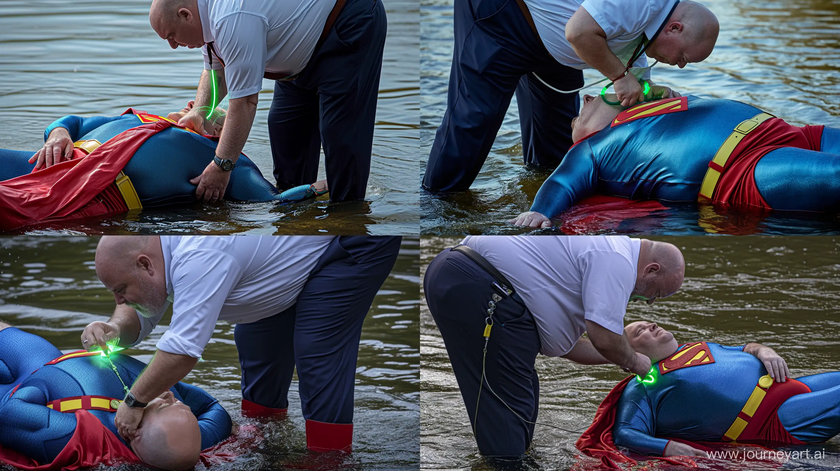 Close-up photo of a chubby man aged 60 wearing navy business pants and a white shirt, bending over and tightening a green glowing small short dog collar on the neck of another chubby man aged 60 lying in the water and wearing a tight blue silky superman costume with a large red cape, red boots, royal blue shirt, royal blue pants, yellow belt and red trunks. River Outside. Natural light. Bald. Clean Shaven. --style raw --ar 16:9 --v 6