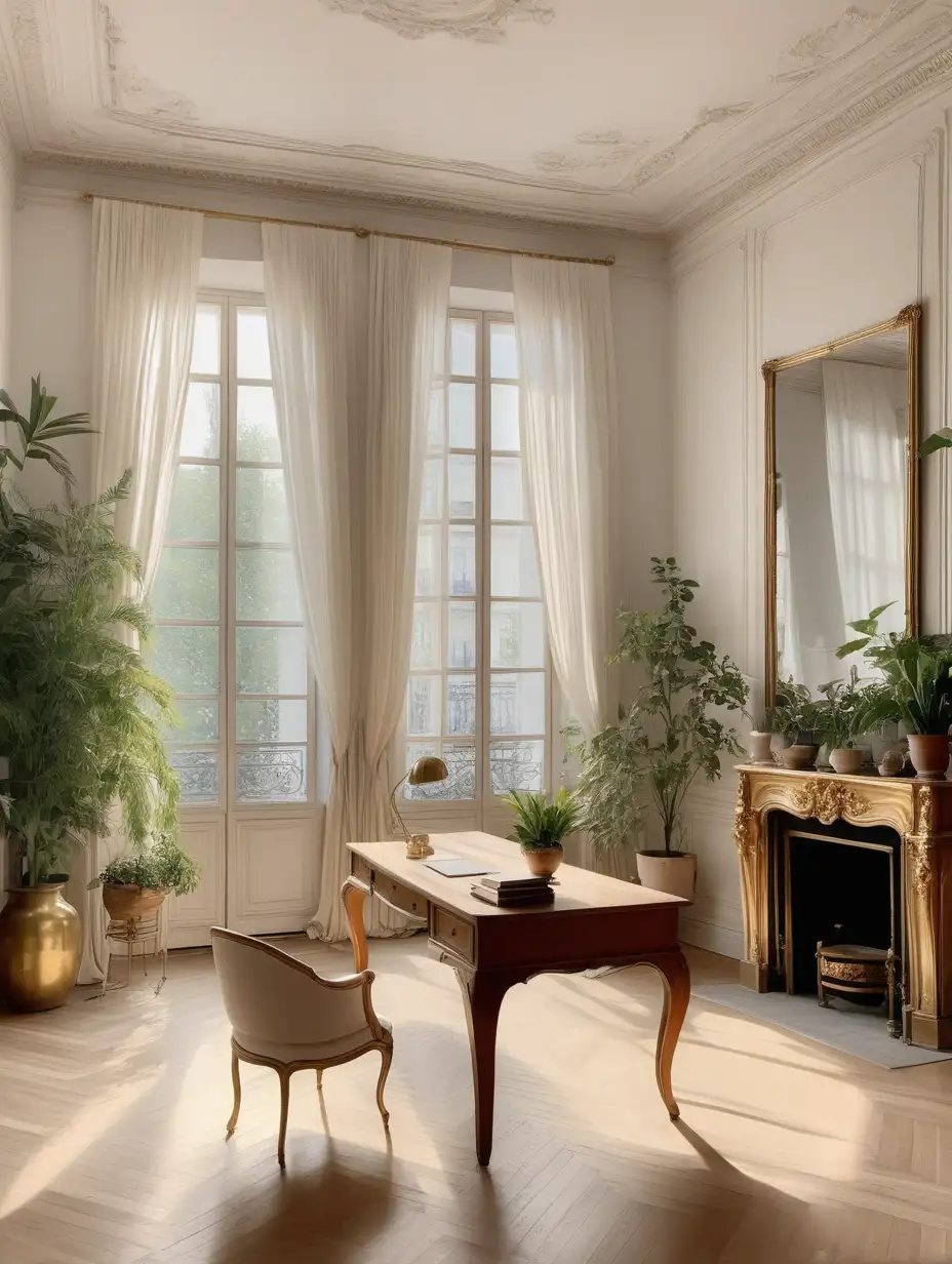 white wall and ceiling, parisian interior with windows, parquet light herringbone, light wooden minimalistic desk in the middle of the room, many plants, brass vintage handles on the window, french fireplace, light flowing curtains, brass decor, big Chineese vases on floor, a white chair near the table