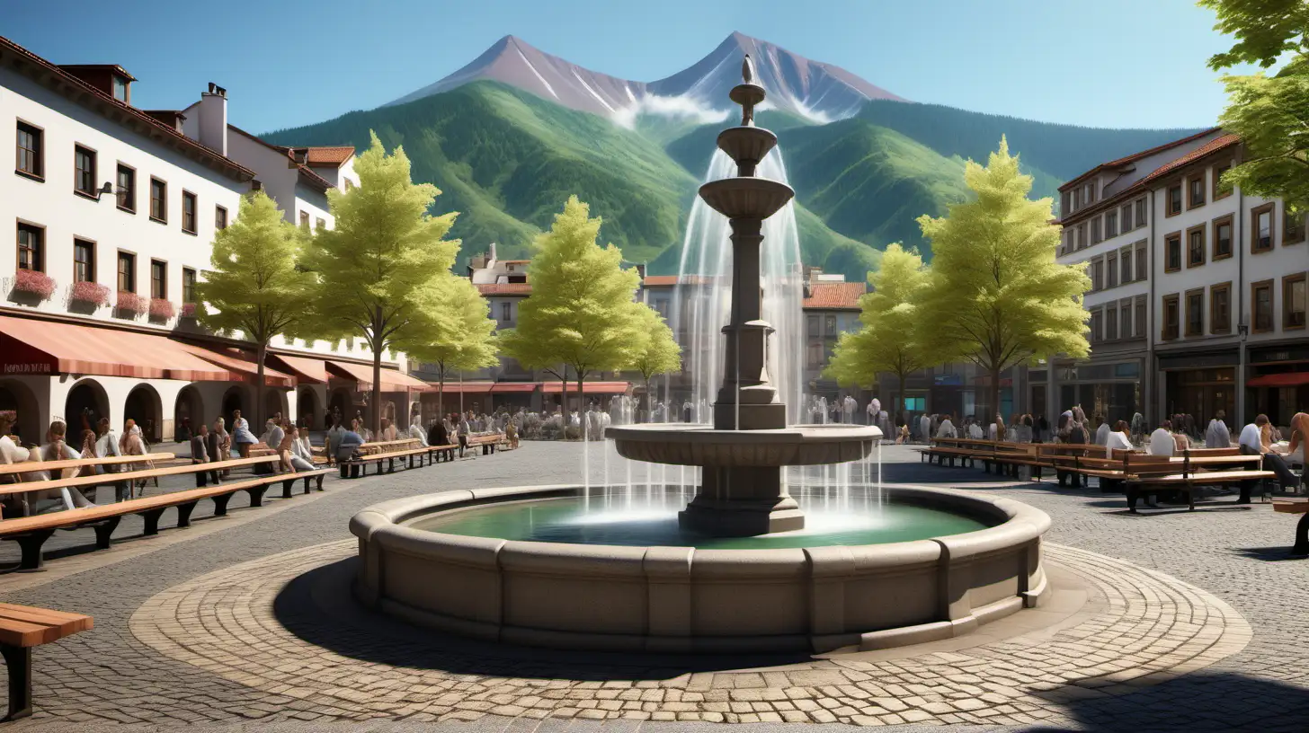 To create a busy town square with an aesthetic fountain in the middle, cobblestone-paved ground, benches around, mountain in the background on a clear, sunny day