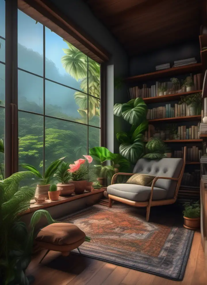 a sitting room with cozy sofa , book shelf,  pot of plants and pot of flowers in the room on the floor, big window and  beautiful view of tropical forest ,  hyper realistic, UHD, photography style,  hyper detailed, 