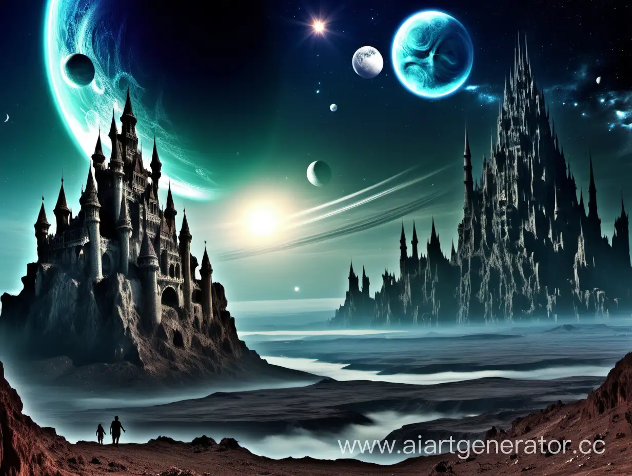 Fantasy picture: cosmos, alien planet, strange creatures, moons, castle