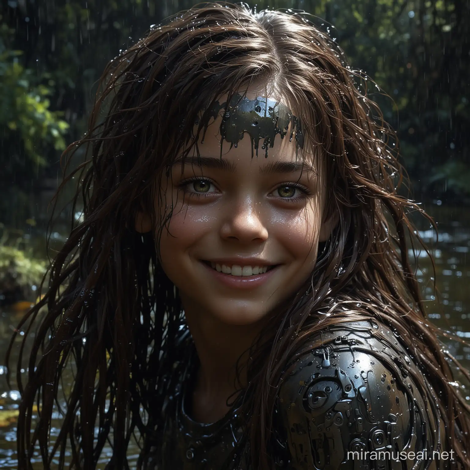 Smiling Cyborg Girl in Dark Swamp Joyful Splash in Extreme Chiaroscuro