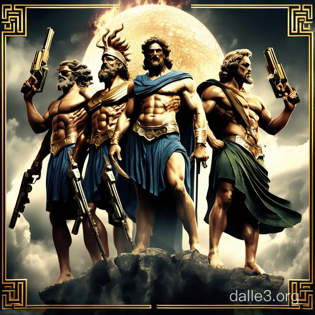 epic poster of 4 greek gods with guns