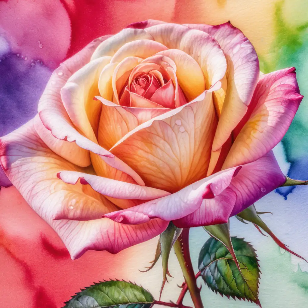 en ros i närbild med färggrann bakgrund i vattenfärg
