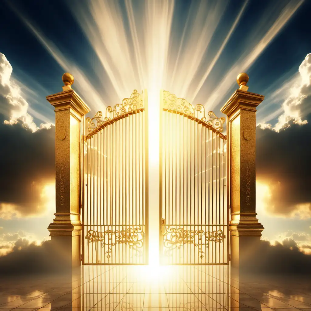 wide gold heaven gates background with sunshine through dramatic clouds
