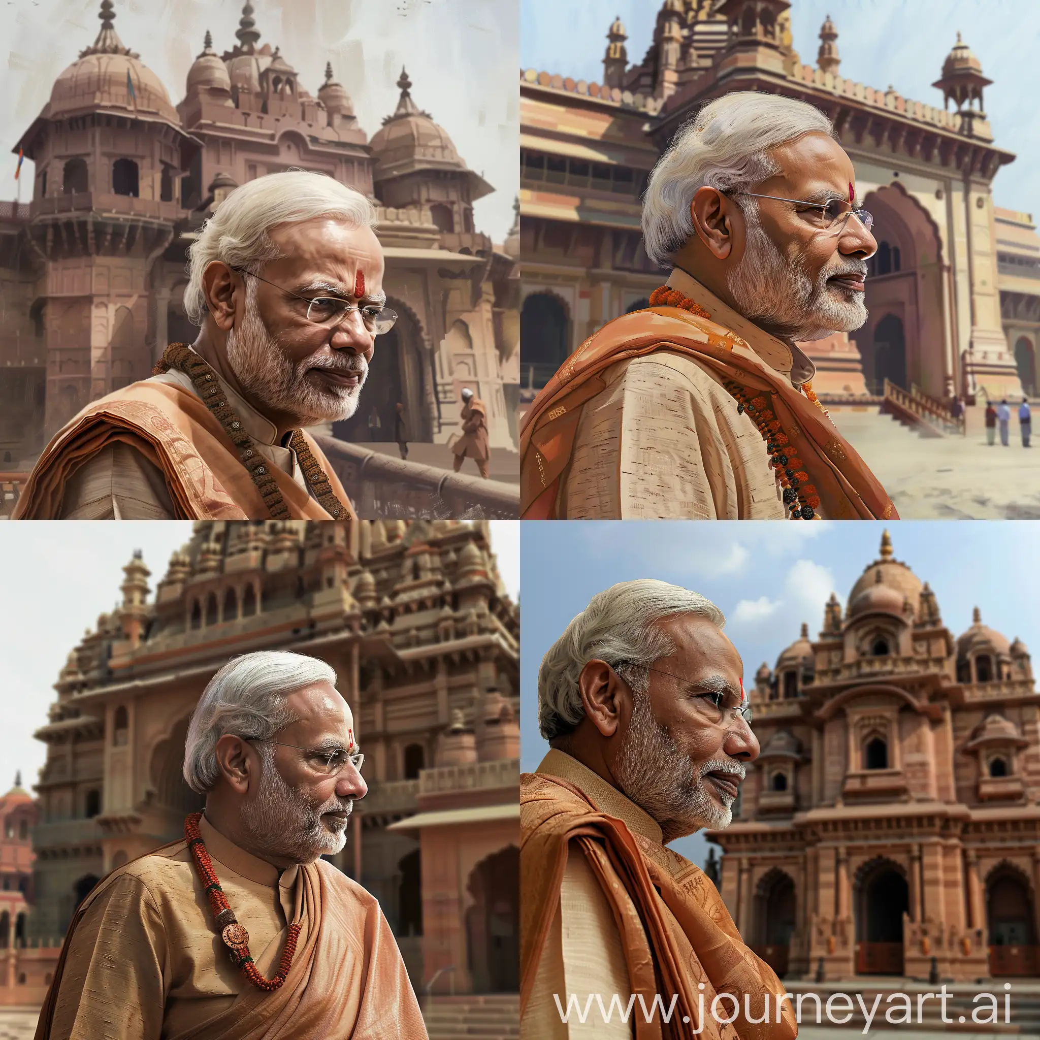 Please generate an image of fair-looking PM Narendra Modi in simple Hindu attire like a dhoti and kurta with Rudraksha in front of Ayodhya Ram temple. There must be a small smirk on his face. The head and body must be proportional. Provide a closeup side profile where he is doing Namaste.