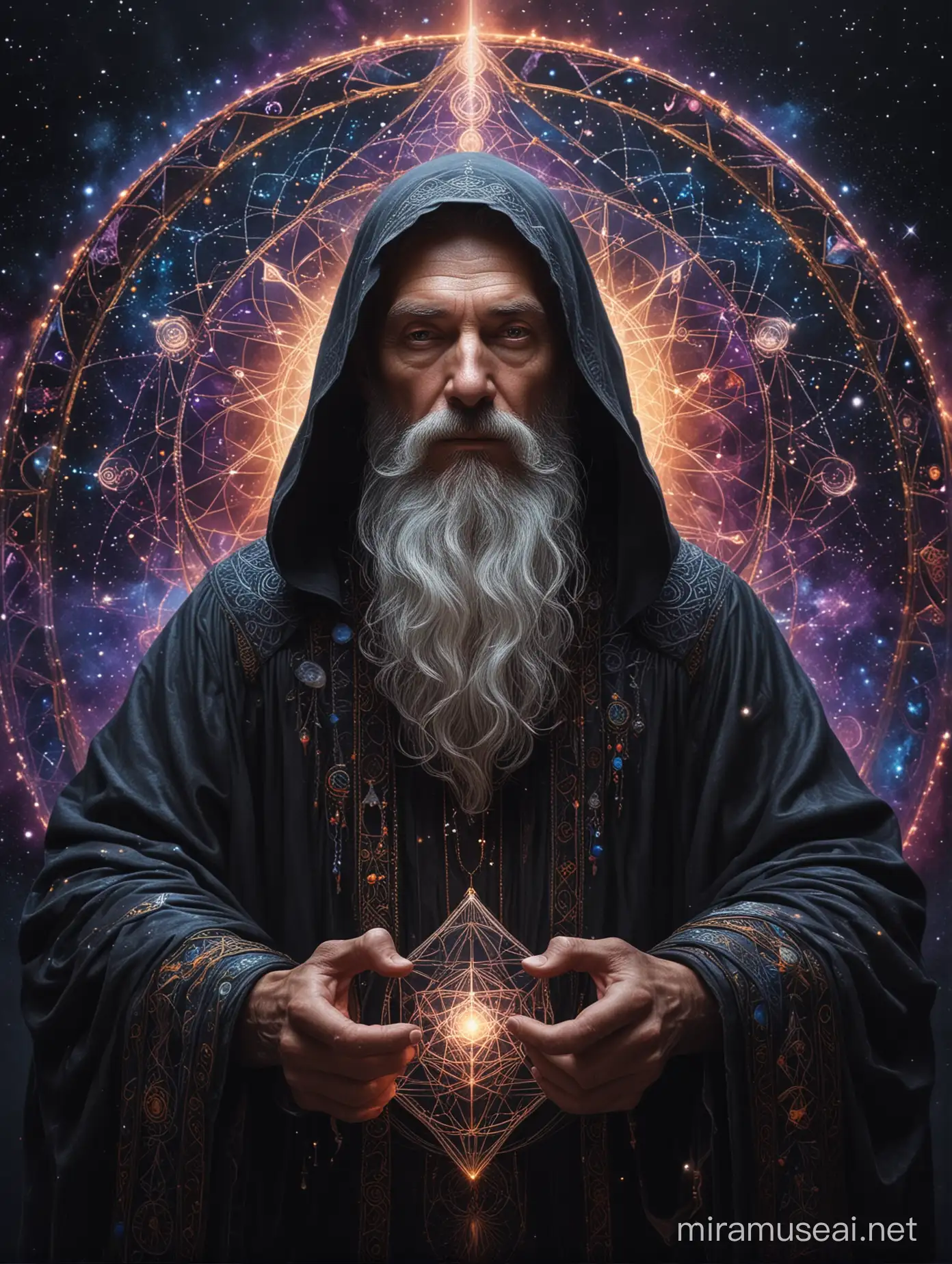 wizard who exudes a sense of power and mystery. He is cloaked in dark, richly detailed robes that are adorned with cosmic and mystical symbols. His beard is long and white, suggesting wisdom and age. His eyes are closed, but on his forehead is a third eye, open and decorated, implying a heightened perception or psychic ability. Above and around him is a geodesic mandala, intricate with geometric patterns that glow with a vibrant, neon light, giving an impression of depth and complexity. The mandala and the wizard together project a theme that is both intimidating and mystical, as if this being has access to profound and ancient knowledge. The surrounding space is dotted with celestial bodies, reinforcing the theme of the wizard as a traveler through dimensions.