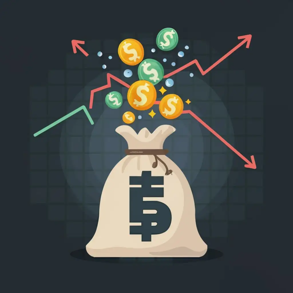 logo, money falling out of a bag in different currencies, add upward arrows, with the text "able", typography, be used in Finance industry