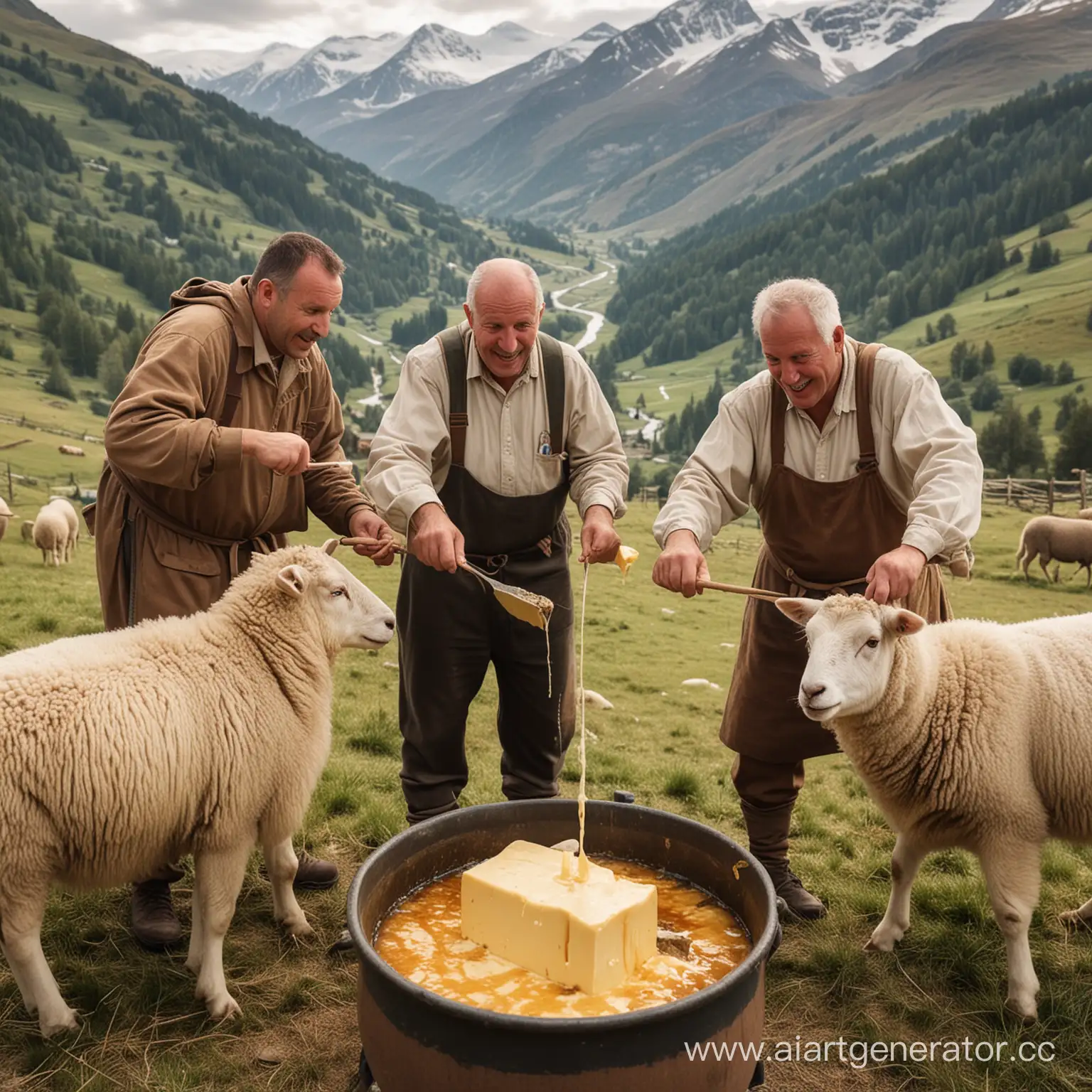 Alpine-Scene-Three-Shepherds-Pulling-Cheese-Fondue-Surrounded-by-Sheep