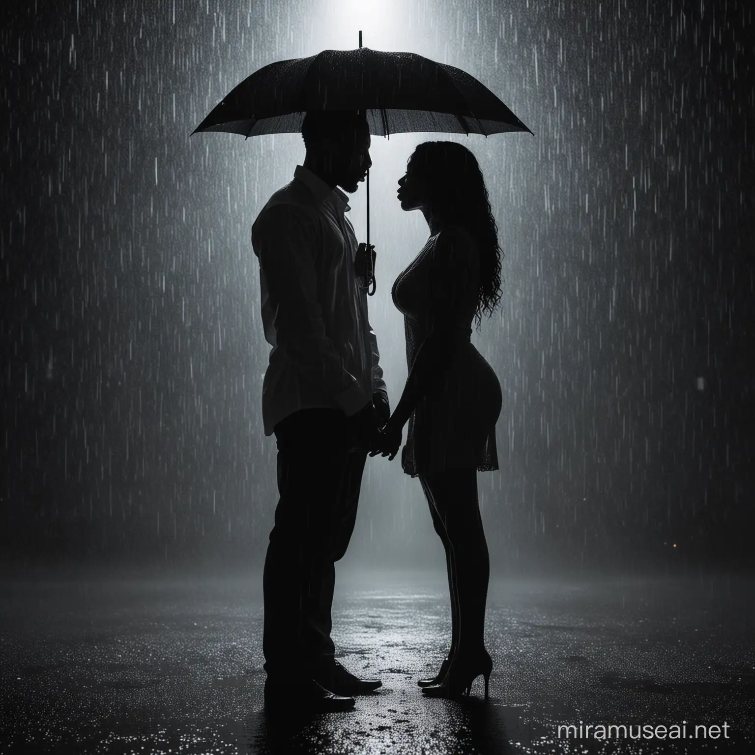  SHADOWY figures standing in the rain kissing of  MELANIN WOMAN and man IN THE DARK 