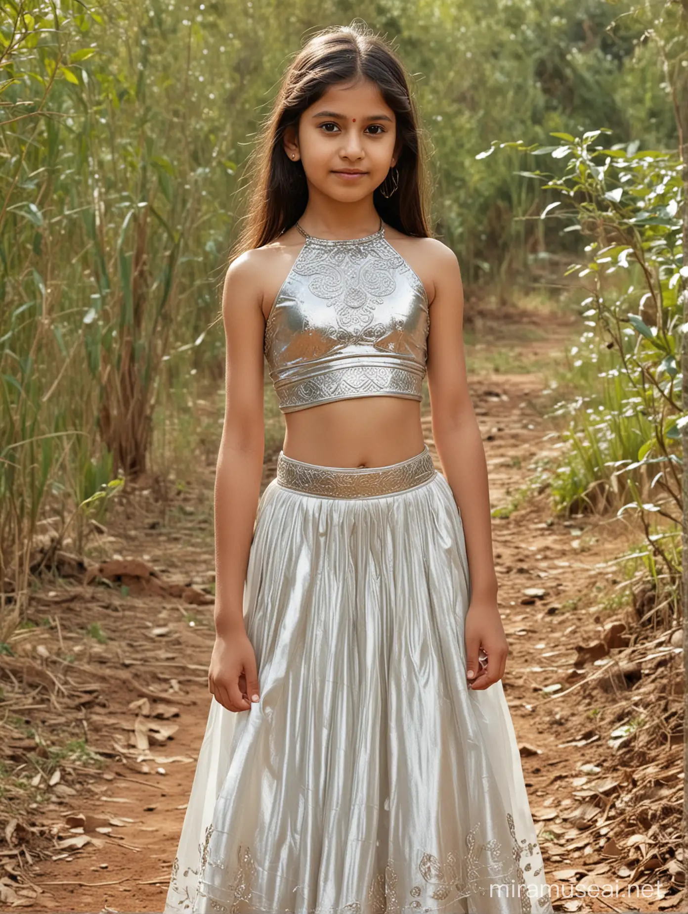 11 years old girl, white skin, beautiful, wearing metallic very thin halter neck very thin choli with lehenga, her front view, in nature