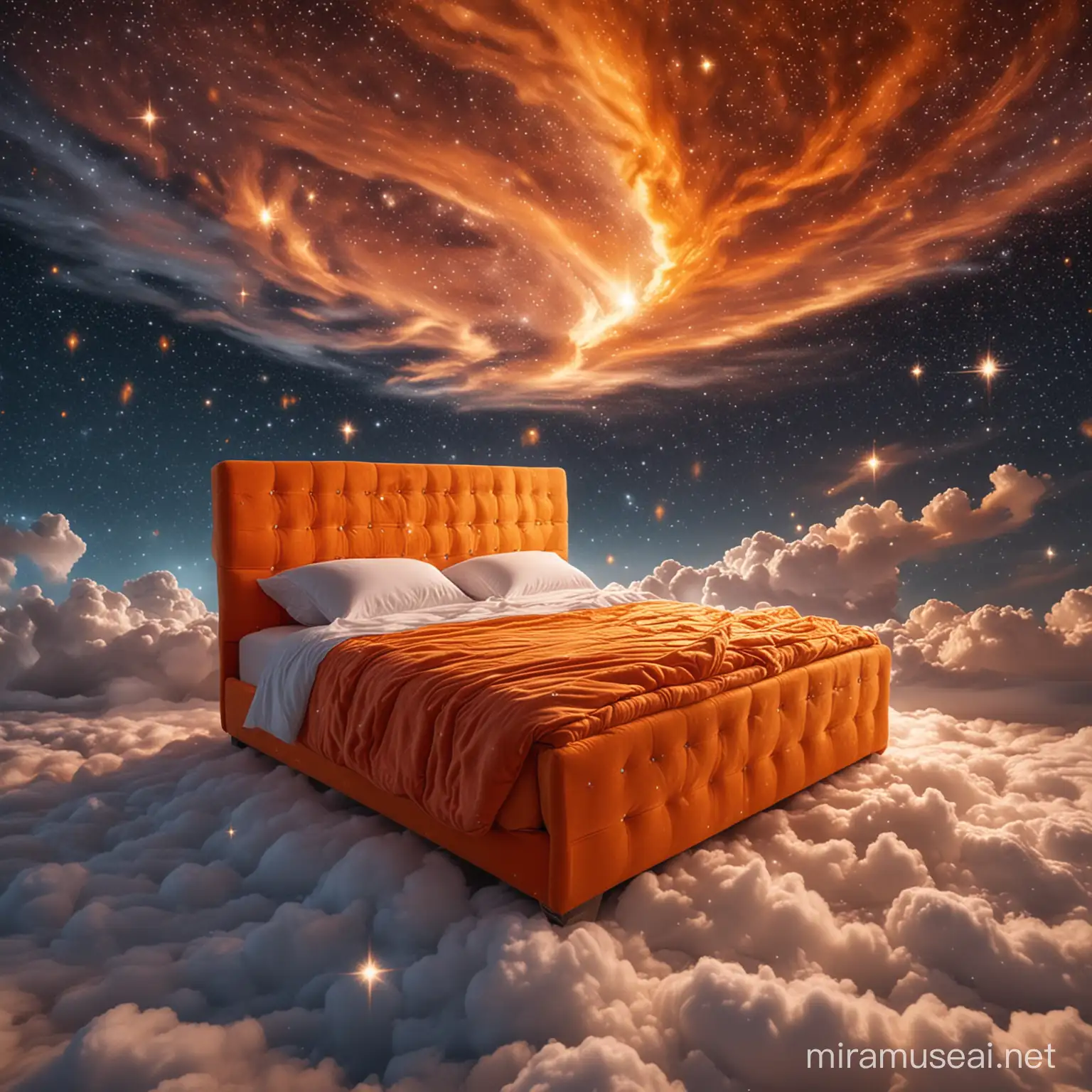 A beautiful, comfortable orange bed covered all over with diamonds, among the stars in the sky with clouds