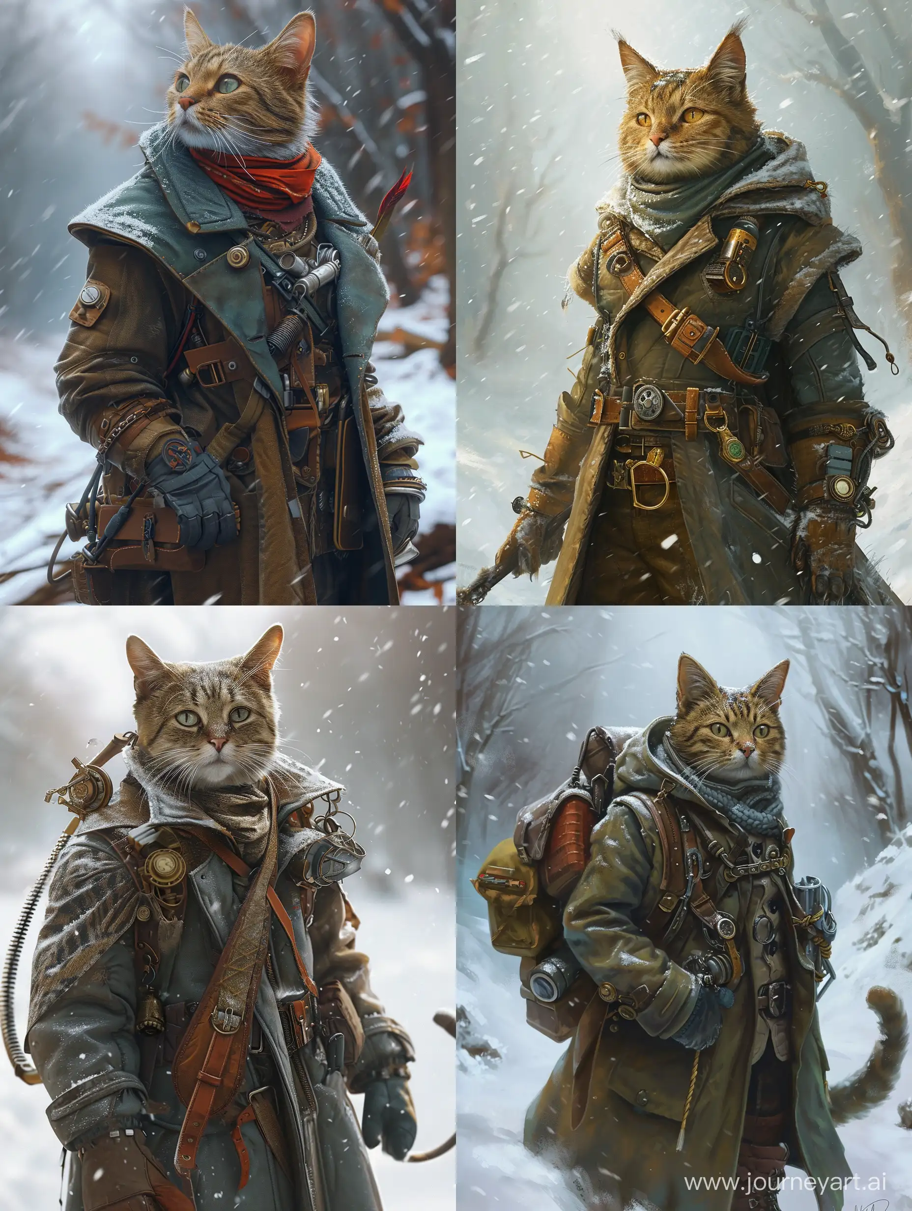 cat adventurer dressed in a warm overcoat with survival gear  on a winters day with snow, steampunk,  jean - baptiste monge , anthropomorphic