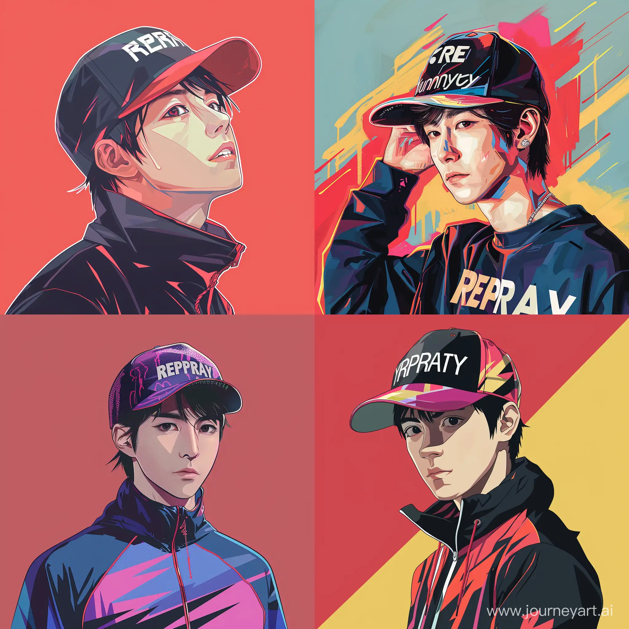 Character design, rapper {Yuzuru Hanyu},{Japanese figure skater/Yuzuru Hanyu} character wearing RE_PRAY hat, Valorante's art style, painting, general structure, many right angles, solid color background