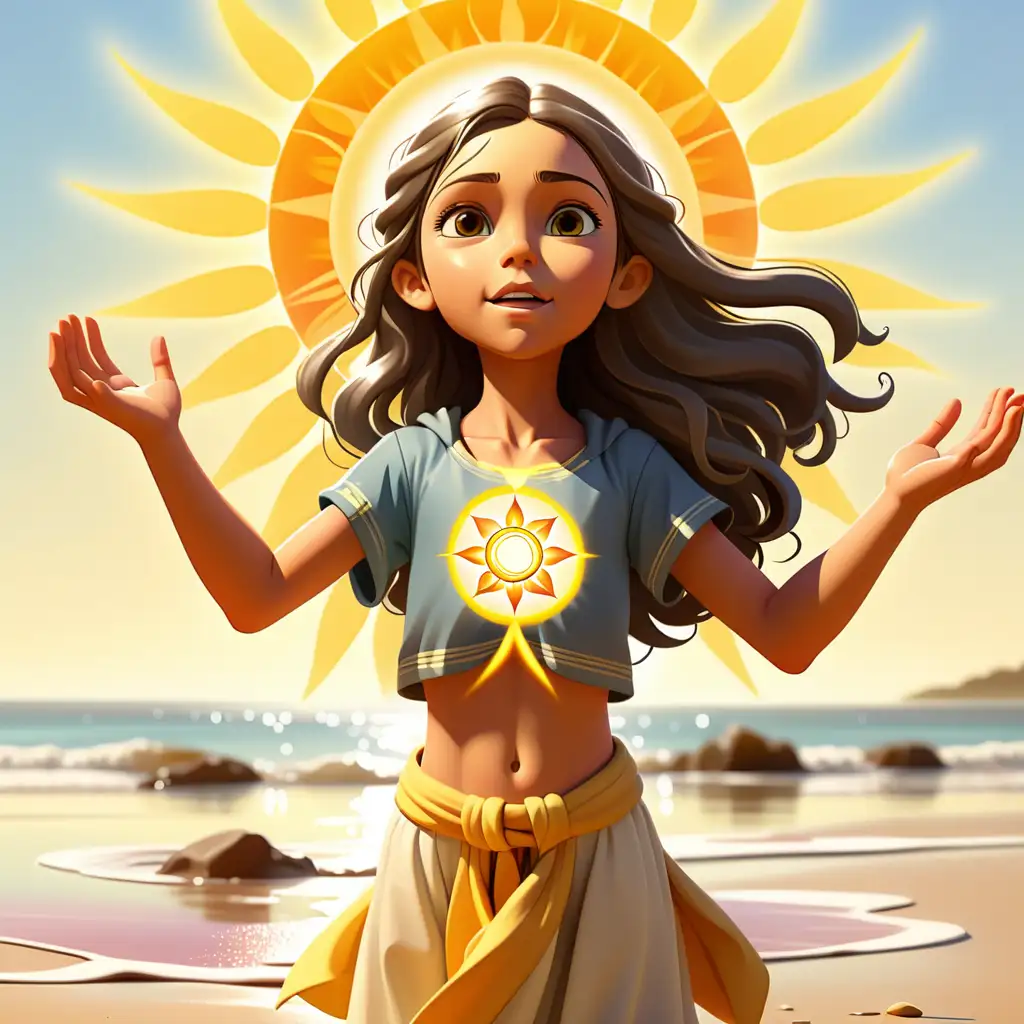 10 year-old girl who looks like Joslyn Arwen Reed, opening her arms, solar plexus chakra lower on her torso with a sun symbol above her stomach, standing on the beach looking at a sunrise on the water, children's story book, illustration