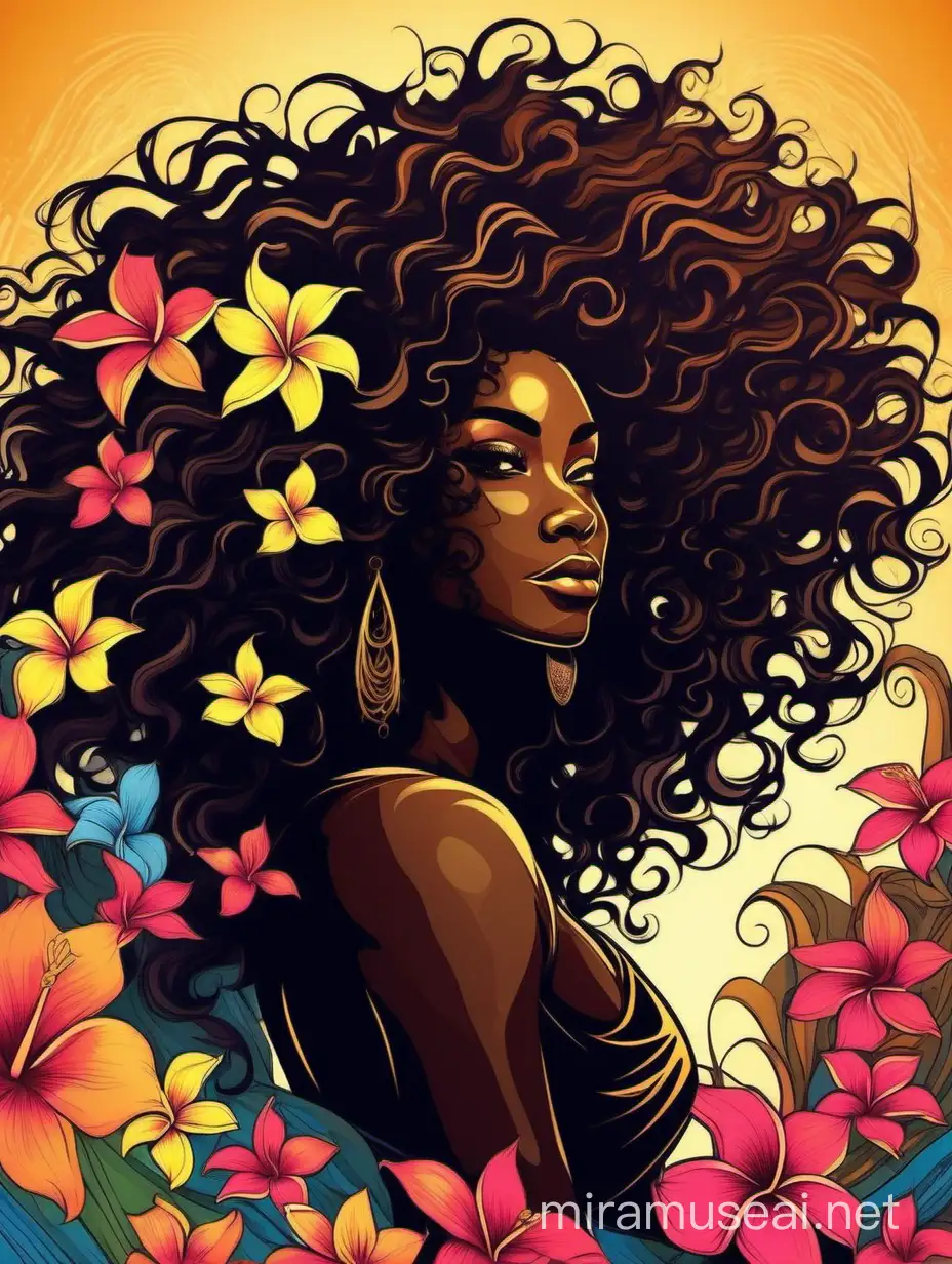 create an silhouette art image of an african curvy female looking to the side with a large mane of curly black flowing thru the wind. 2k prominent make up with hazel eyes. Highly detailed hair. Background of colorful plumeria flowers  surrounding her