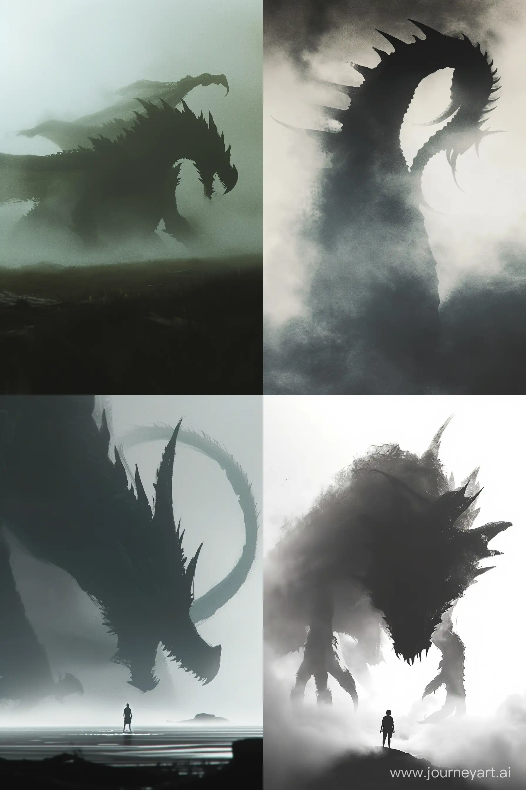 noir and dark, giant dragon silhouette with fog surrounding it, in the style of peter gric, gigantic scale, emily carr, concept art, dino valls, made of mist, animated gifs --ar 2:3 --v 6.0 --s 70 --c 10