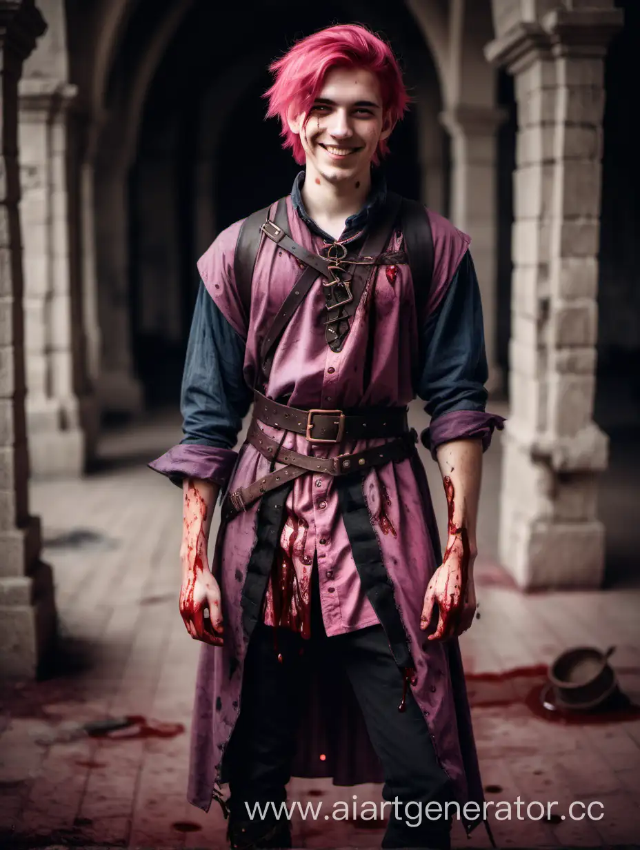 Joyful-PinkHaired-Young-Man-in-Medieval-Attire-Stained-with-Blood