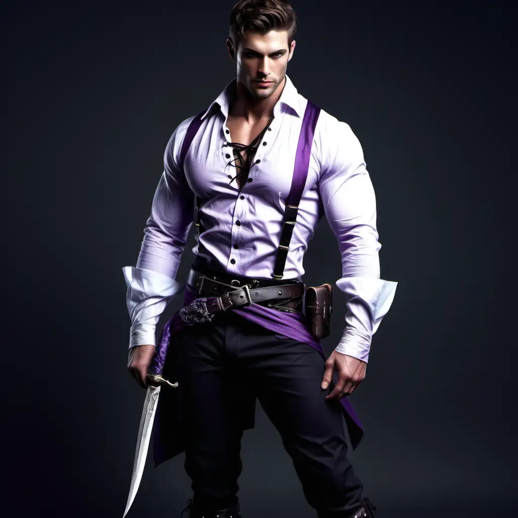 Fantasy male, hunter, royal, handsome, knife blet around thigh, faded purple sash tied around hips, black pants, white lace up shirt, muscular