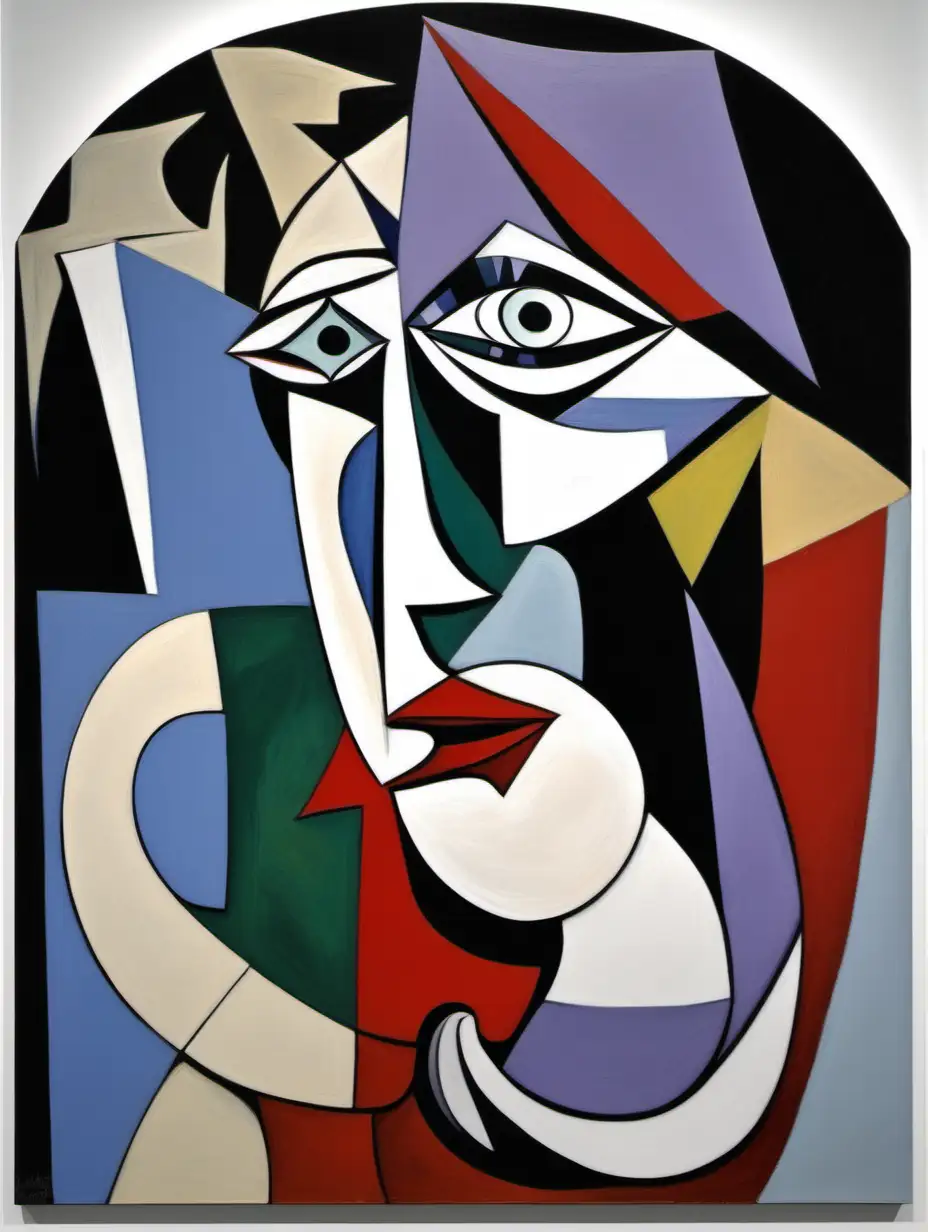 Guernica,buste de femme,style artistique moderne formes arrondies, pablo picasso,couleurs rouge,lavande,blanc,gris,beige,vert ,bleu ciel 