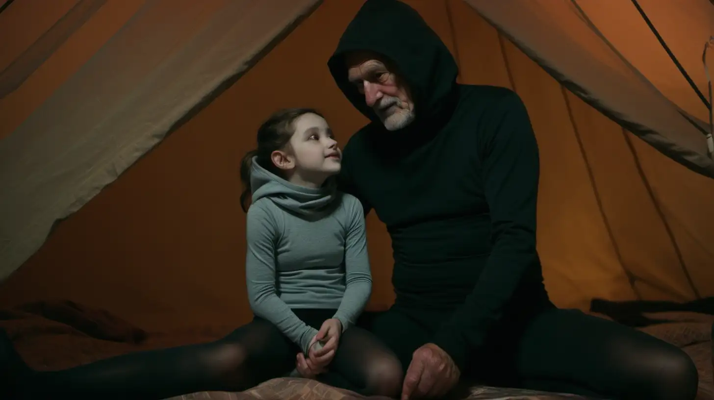 young brunette child wearing tight turtleneck croptop and black tights, with old man wearing hoodie and black tights in a tent at night cuddling
