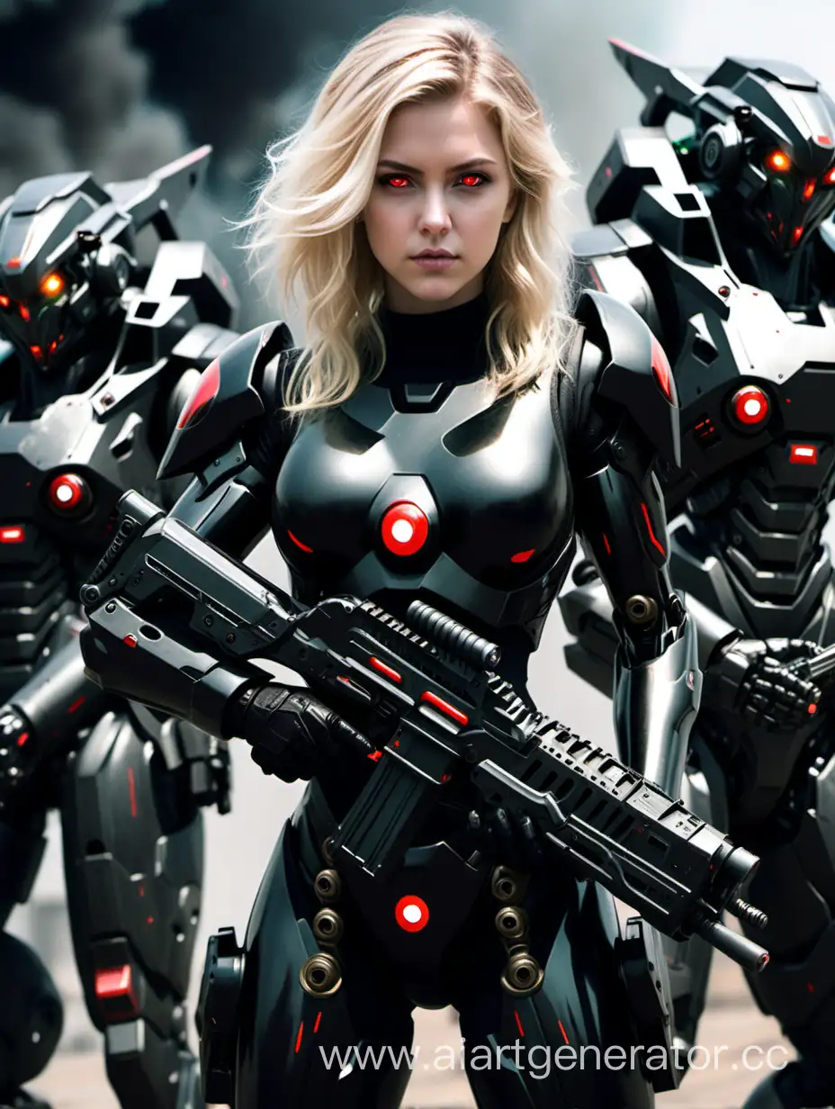 Blonde Girl, green eyes, In a black Armored Suit, plasma-rifle in hand, in a background military robots with red eyes, with machine gun