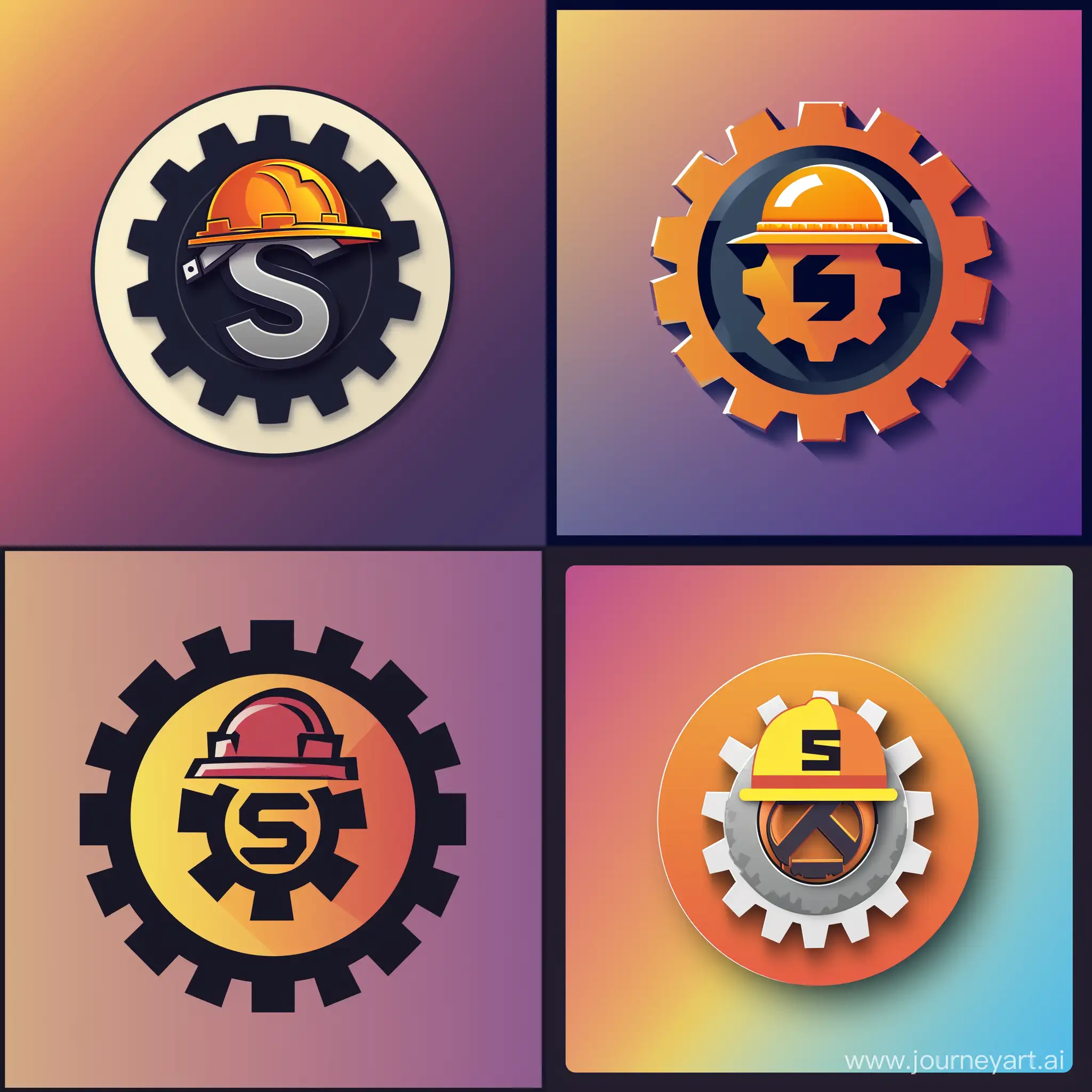 Logo, art. In the centre is a gear with a construction helmet on it. The headboard of the helmet shows the letter s. Theme of minecraft logo. The background is gradient color 