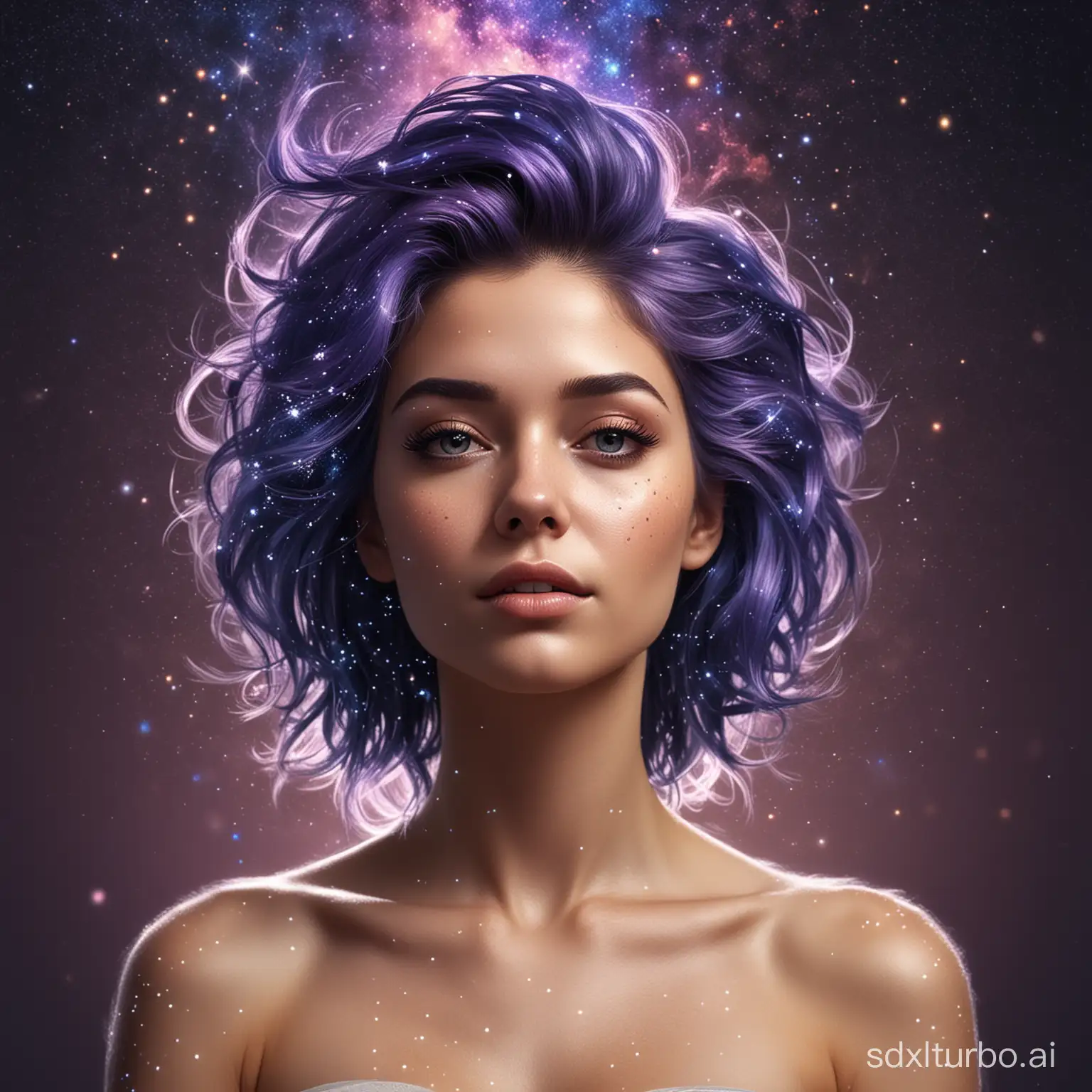 realistic , woman, galactic hair made of stars